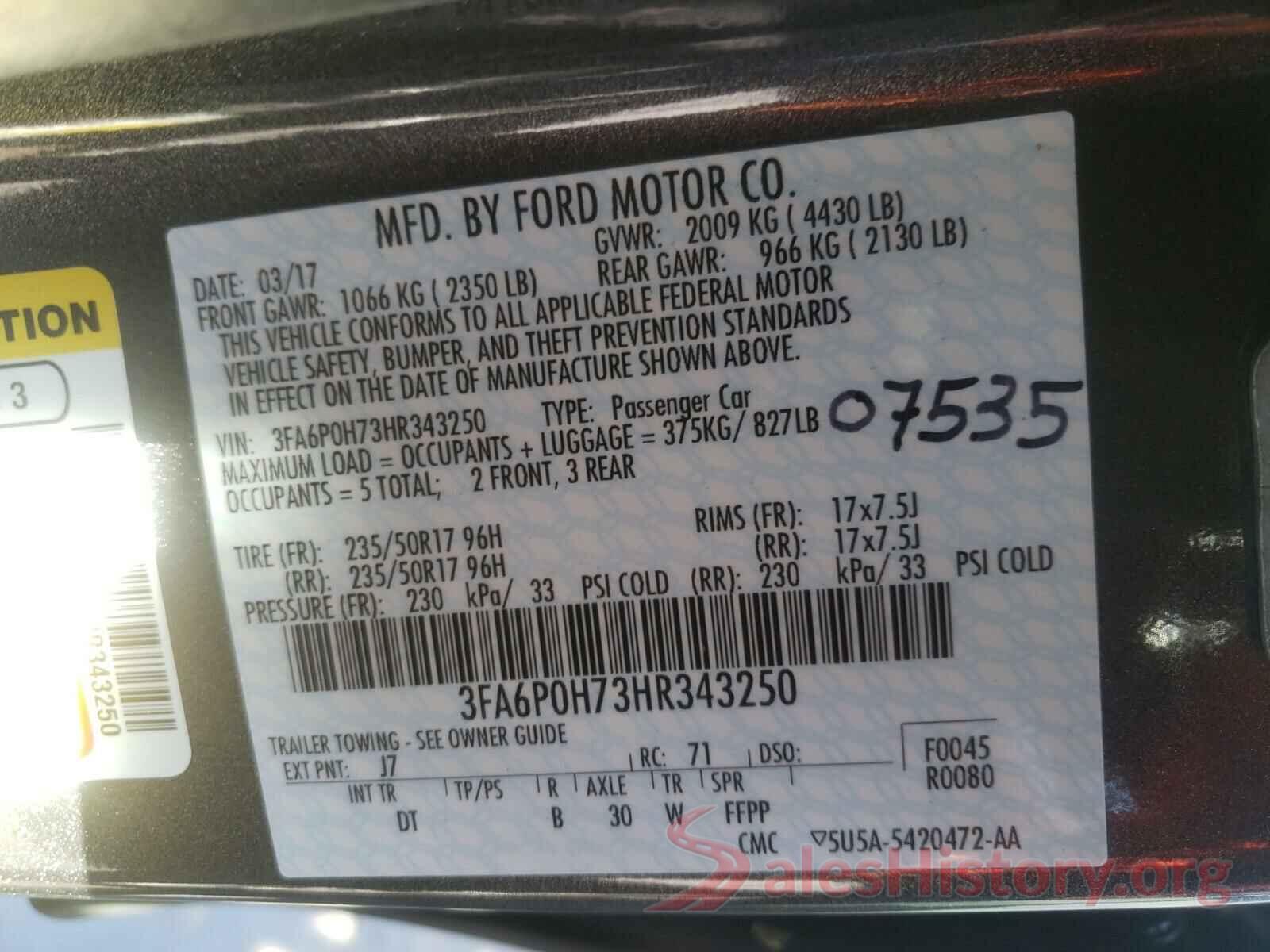 3FA6P0H73HR343250 2017 FORD FUSION