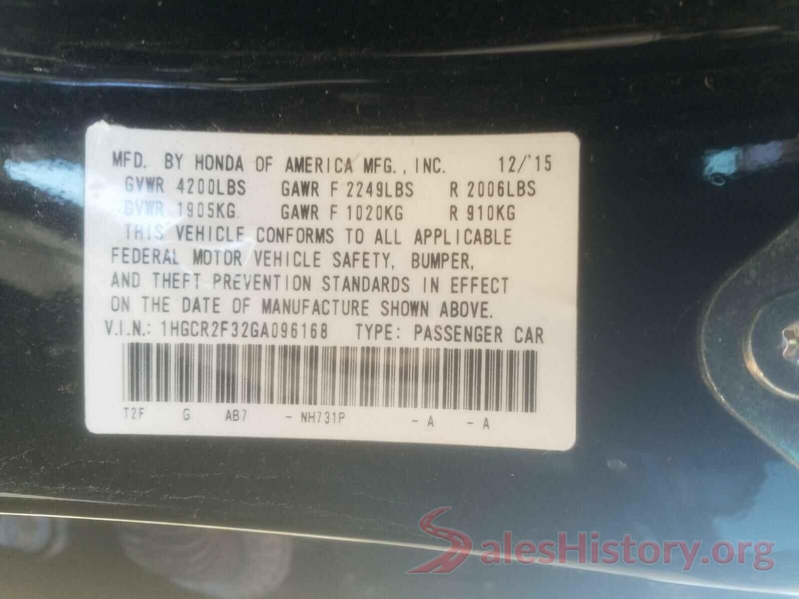 1HGCR2F32GA096168 2016 HONDA ACCORD