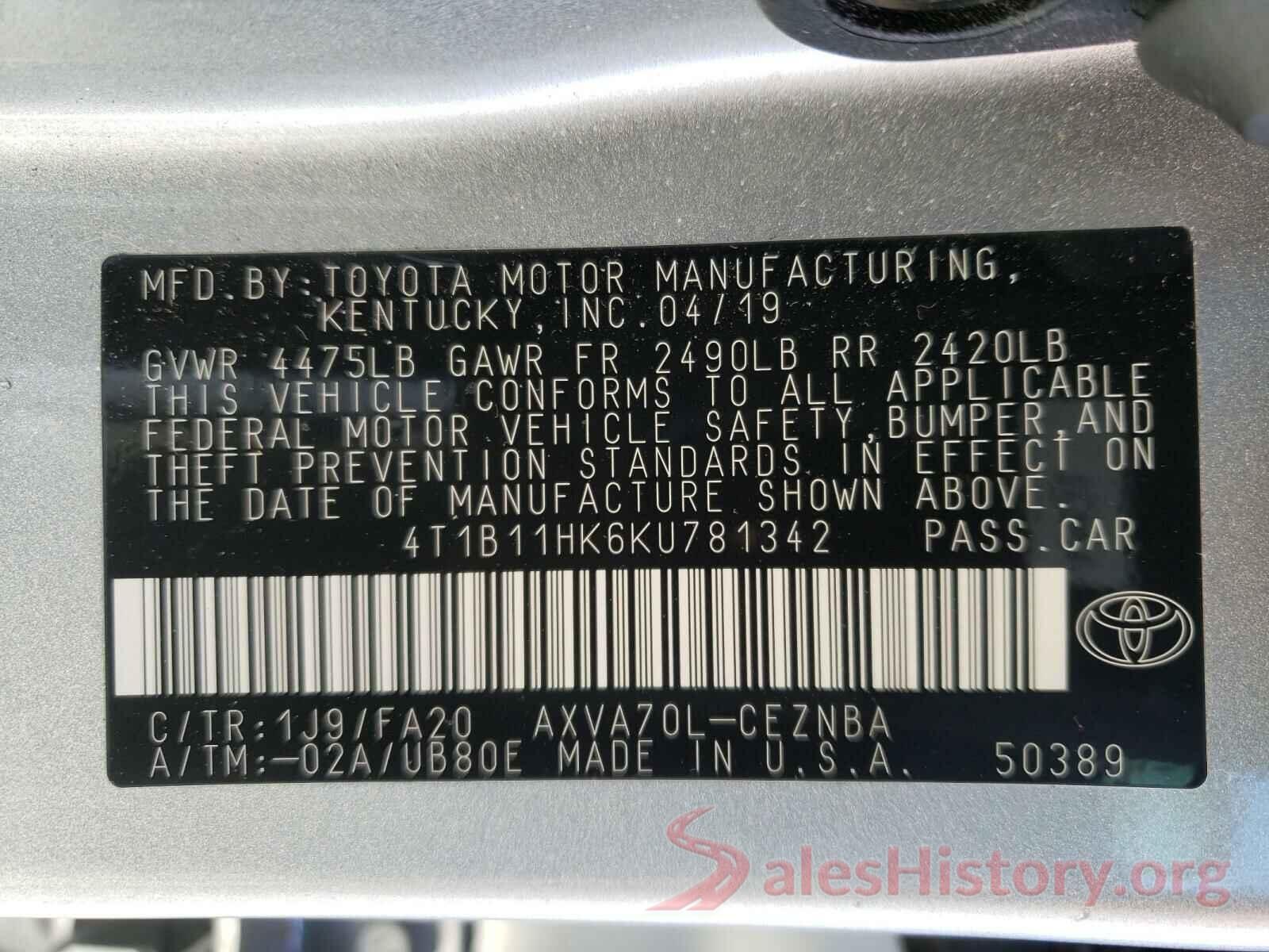 4T1B11HK6KU781342 2019 TOYOTA CAMRY