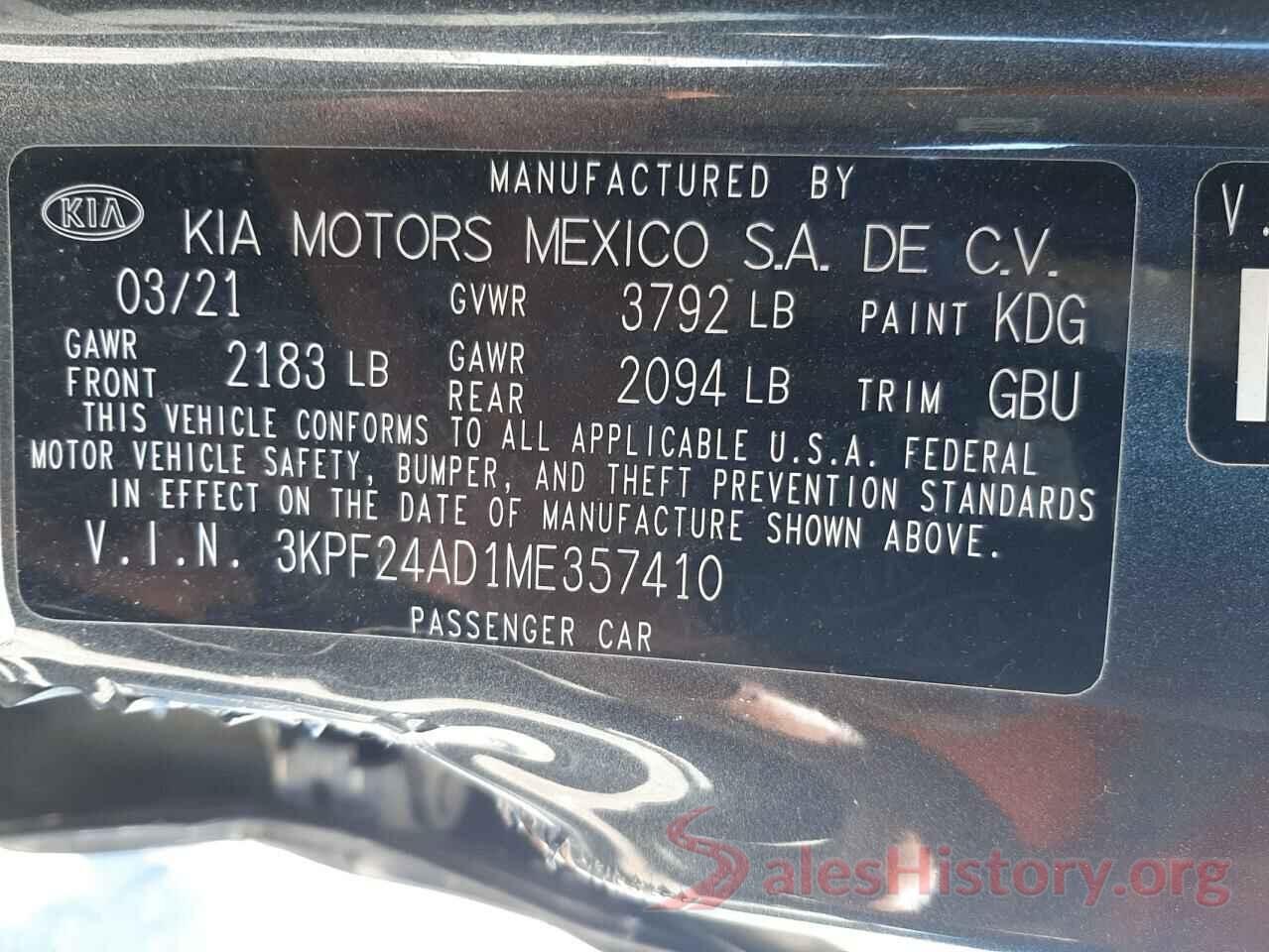 3KPF24AD1ME357410 2021 KIA FORTE