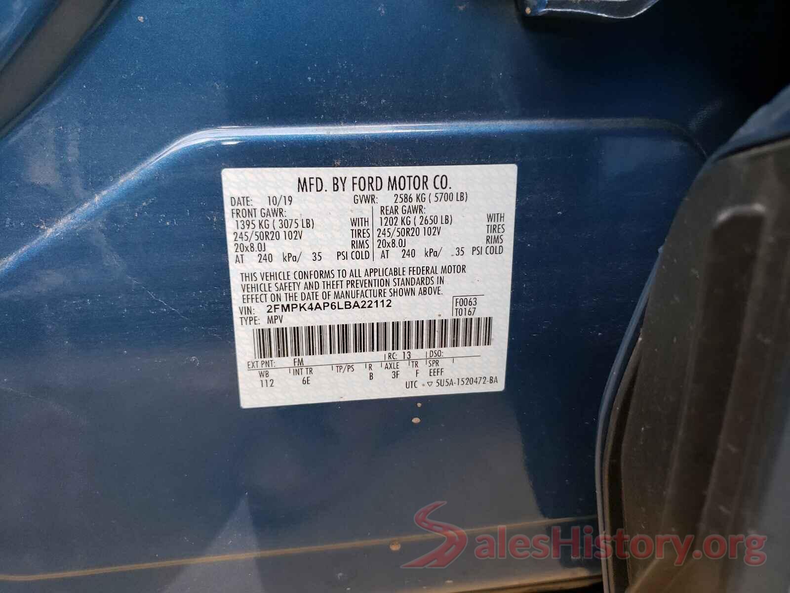 2FMPK4AP6LBA22112 2020 FORD EDGE