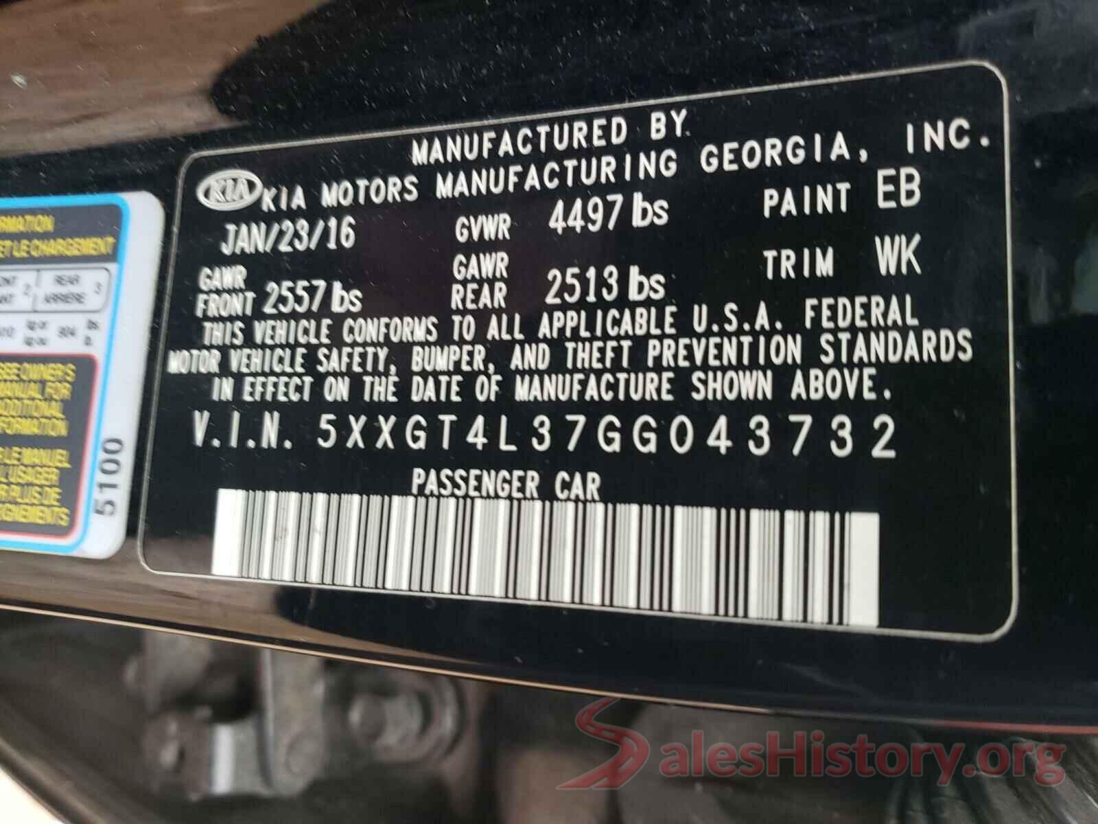 5XXGT4L37GG043732 2016 KIA OPTIMA