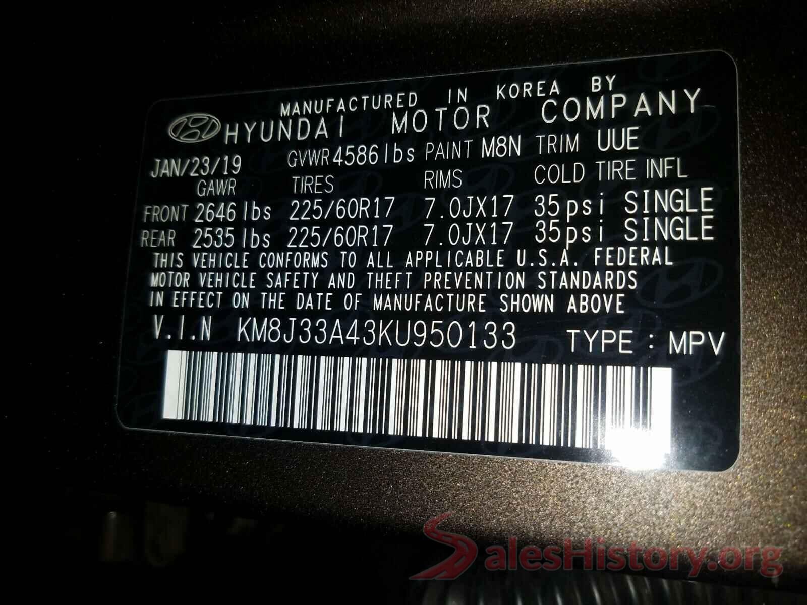 KM8J33A43KU950133 2019 HYUNDAI TUCSON