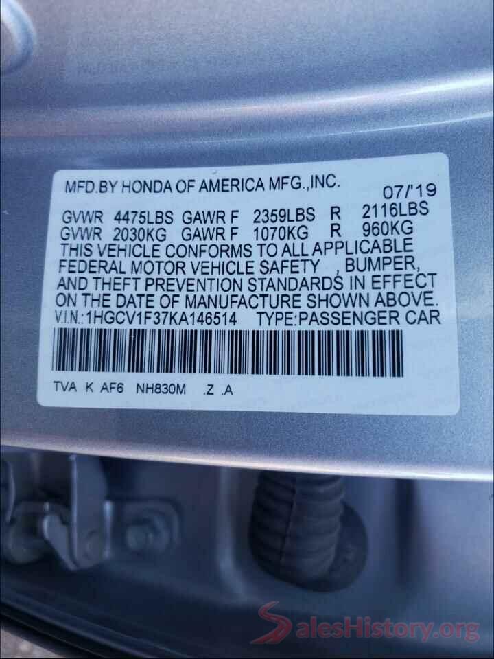 1HGCV1F37KA146514 2019 HONDA ACCORD