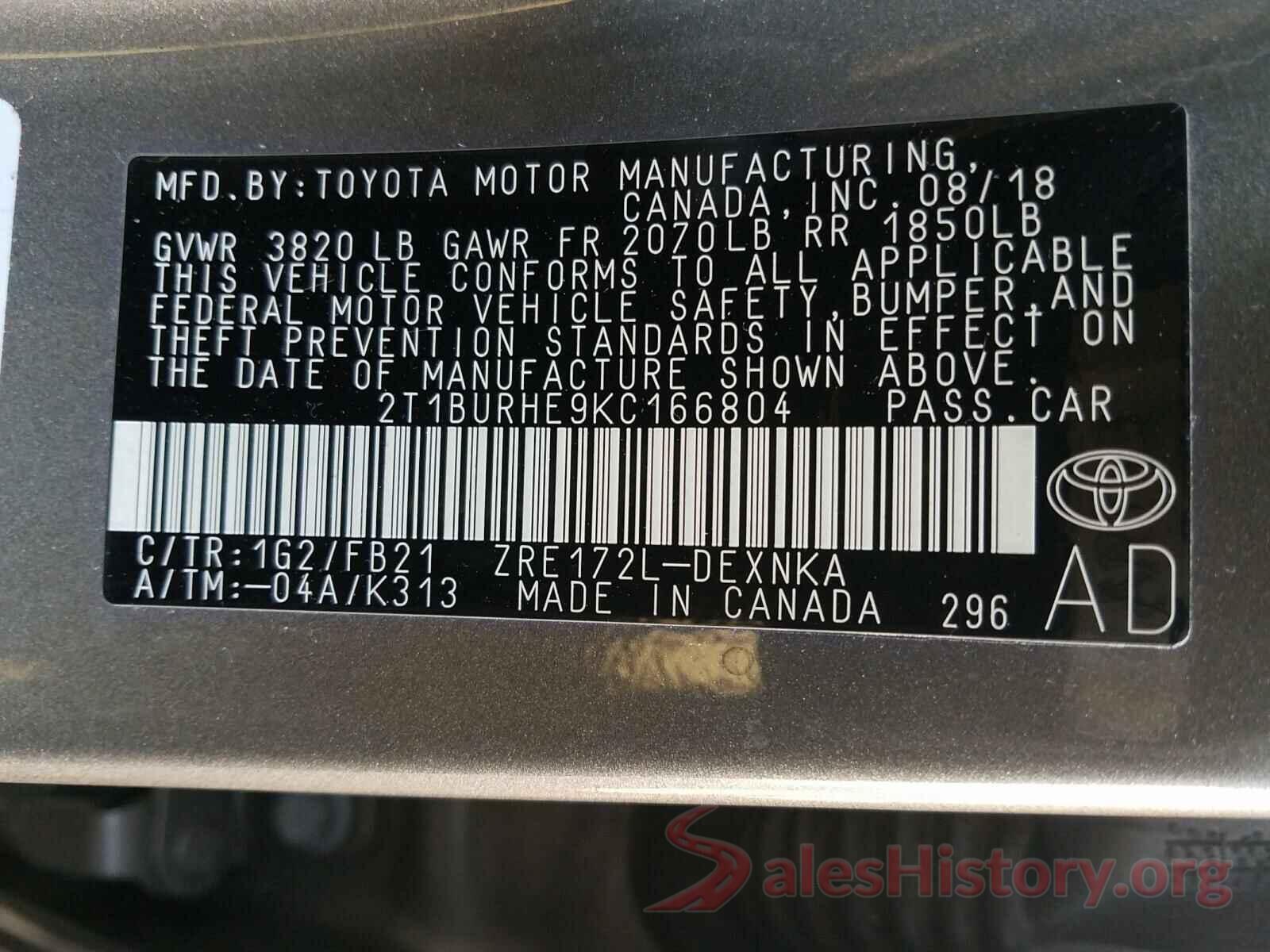 2T1BURHE9KC166804 2019 TOYOTA COROLLA