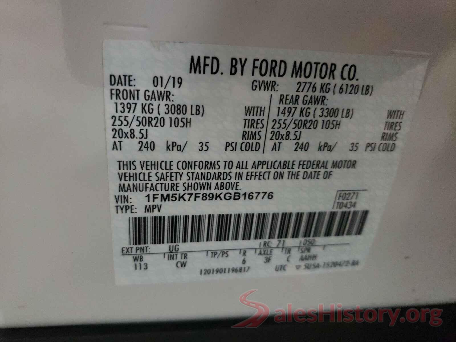 1FM5K7F89KGB16776 2019 FORD EXPLORER