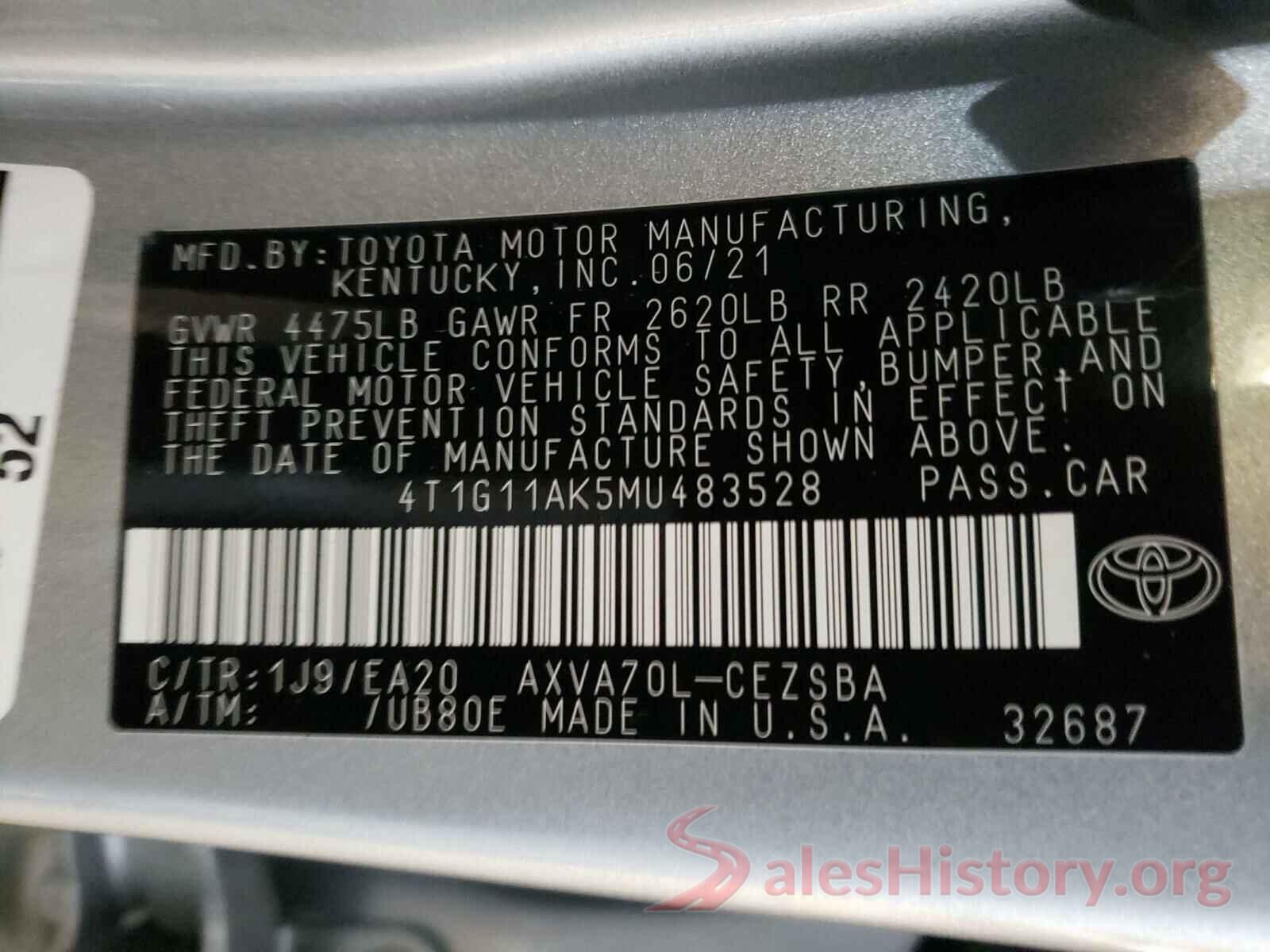 4T1G11AK5MU483528 2021 TOYOTA CAMRY