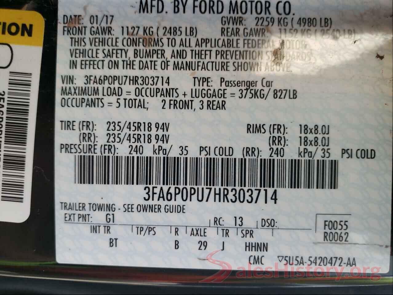 3FA6P0PU7HR303714 2017 FORD FUSION