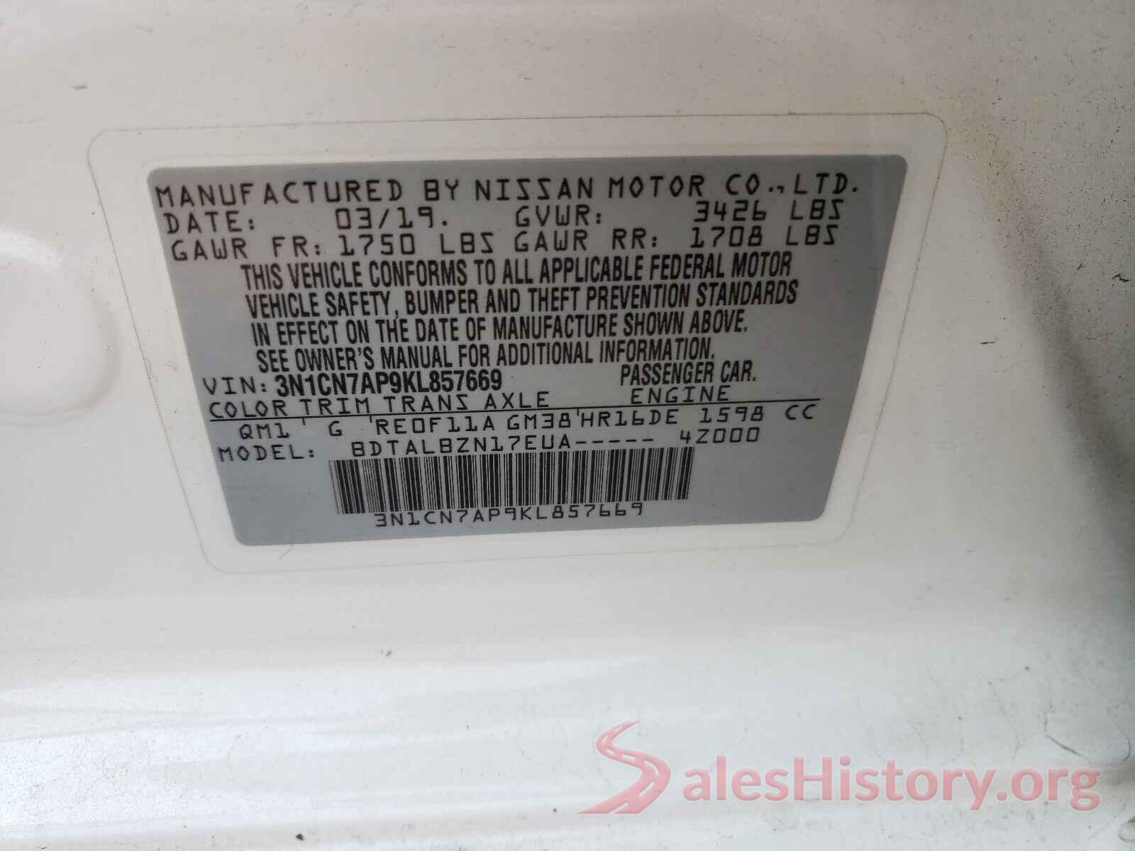 3N1CN7AP9KL857669 2019 NISSAN VERSA