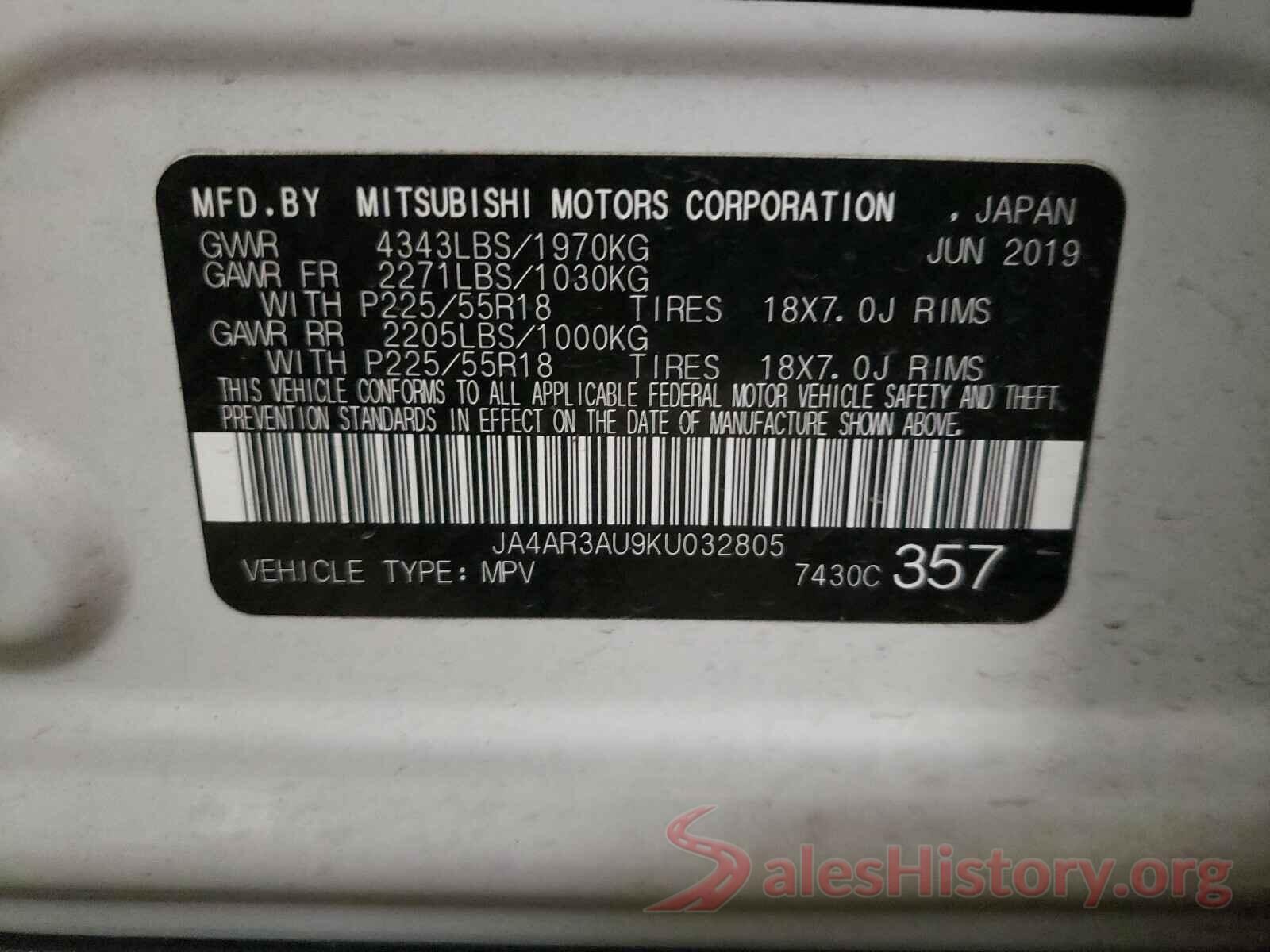 JA4AR3AU9KU032805 2019 MITSUBISHI OUTLANDER