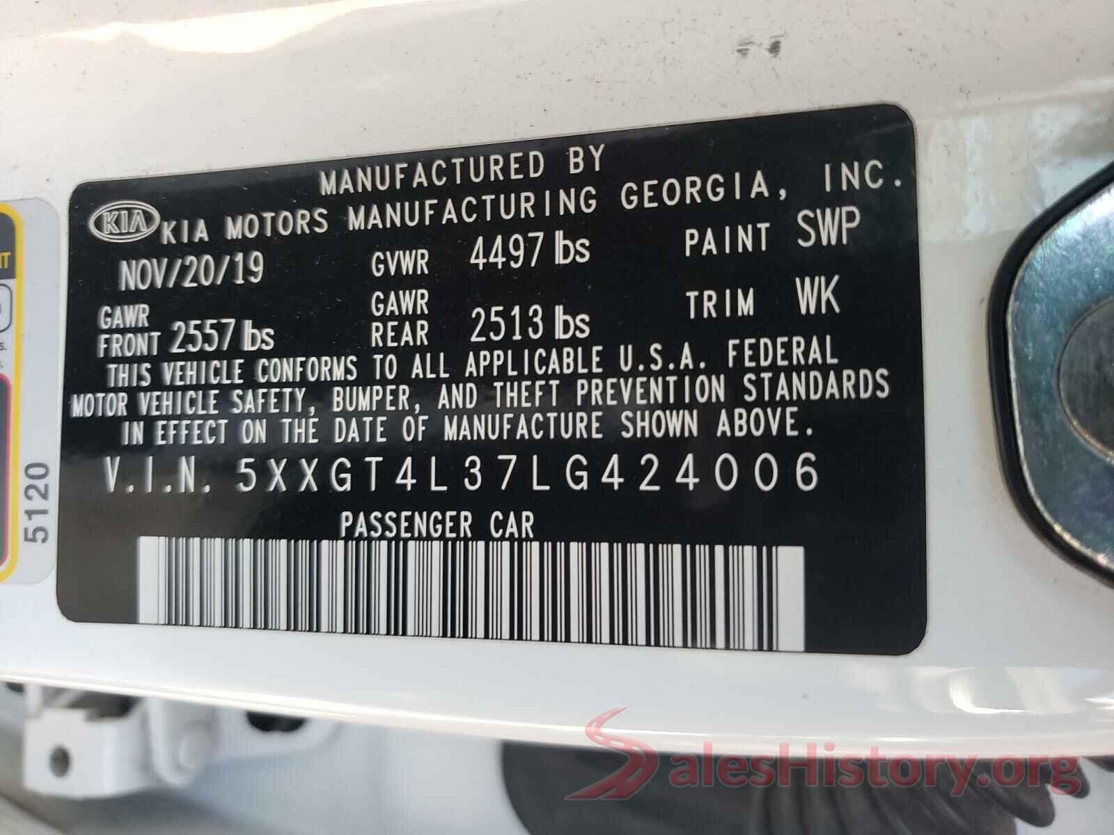 5XXGT4L37LG424006 2020 KIA OPTIMA