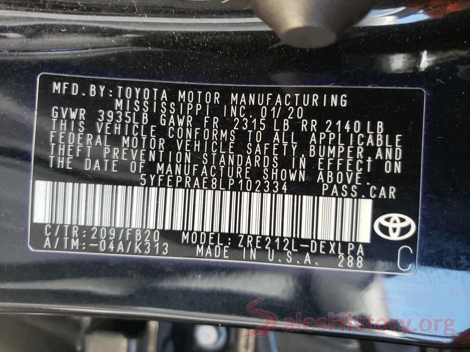 5YFEPRAE8LP102334 2020 TOYOTA COROLLA