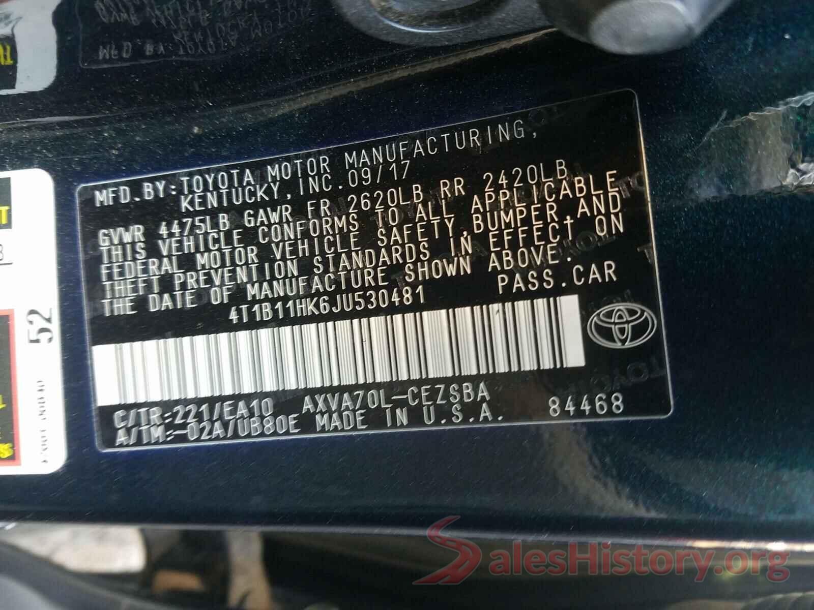 4T1B11HK6JU530481 2018 TOYOTA CAMRY