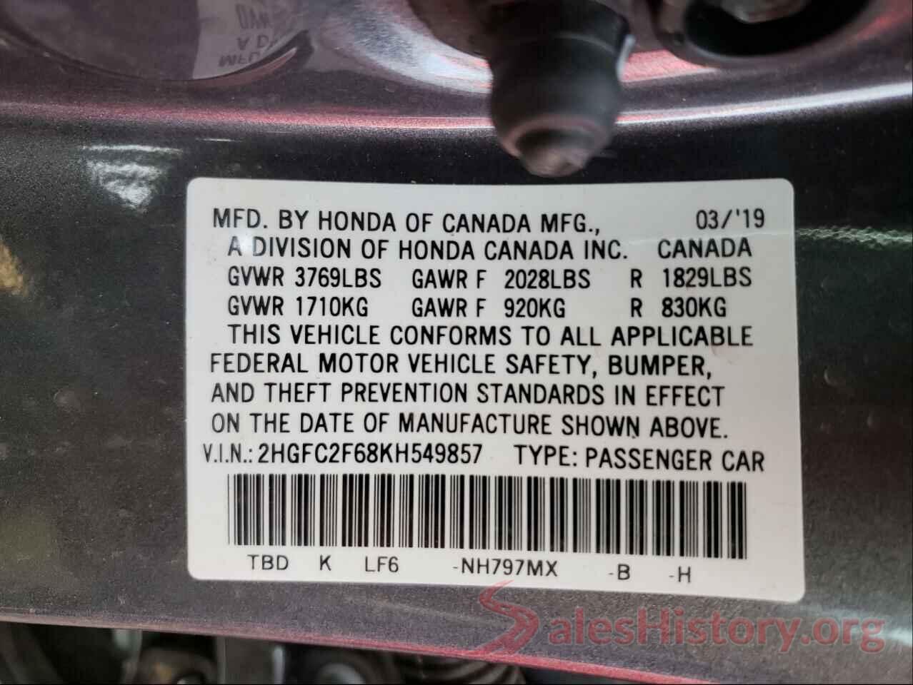 2HGFC2F68KH549857 2019 HONDA CIVIC