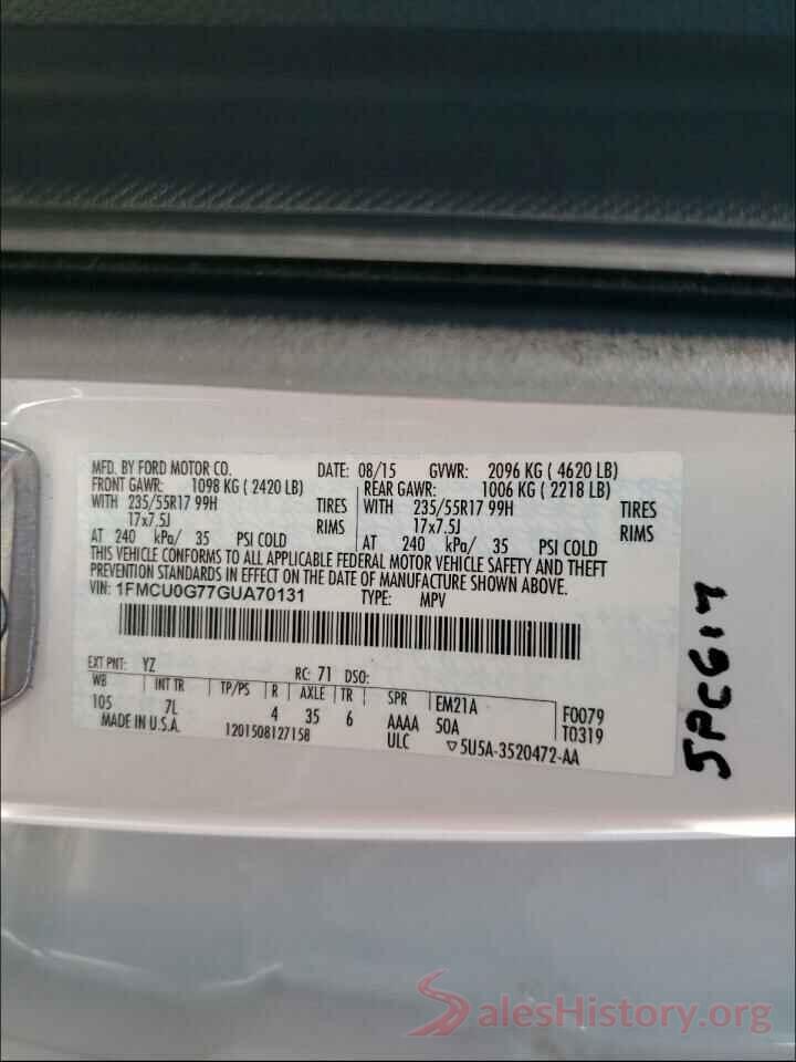 1FMCU0G77GUA70131 2016 FORD ESCAPE