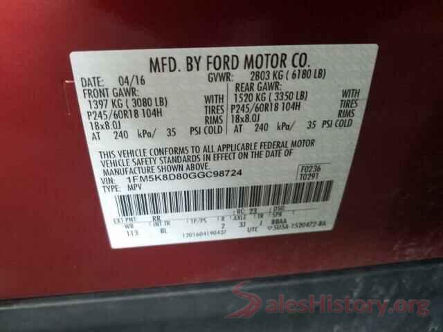 1FM5K8D80GGC98724 2016 FORD EXPLORER