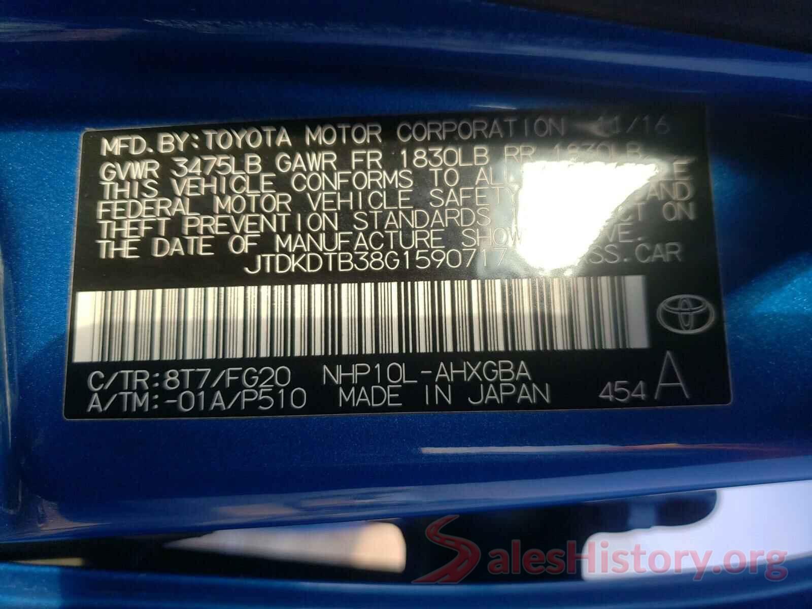 JTDKDTB38G1590717 2016 TOYOTA PRIUS