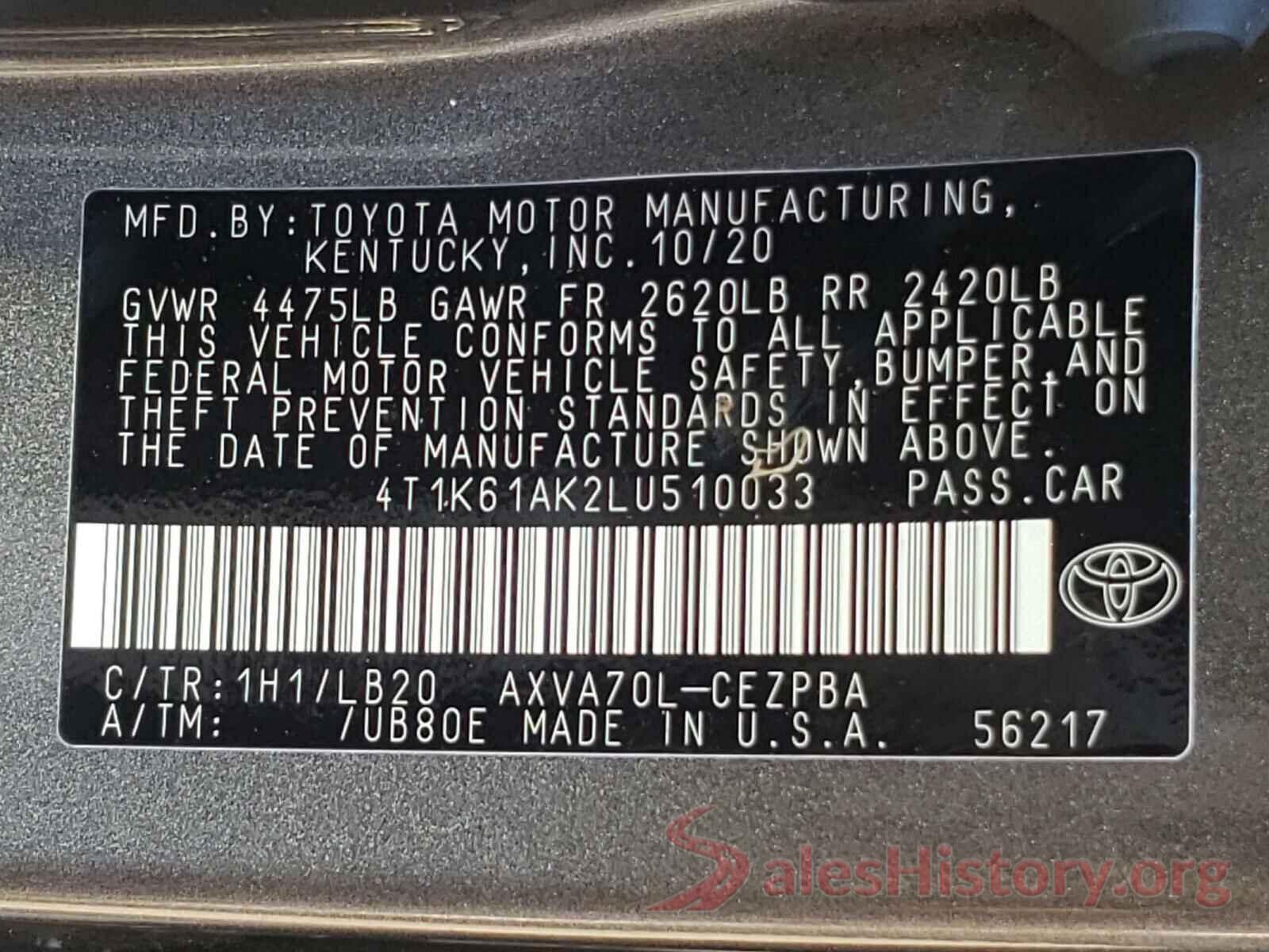 4T1K61AK2LU510033 2020 TOYOTA CAMRY