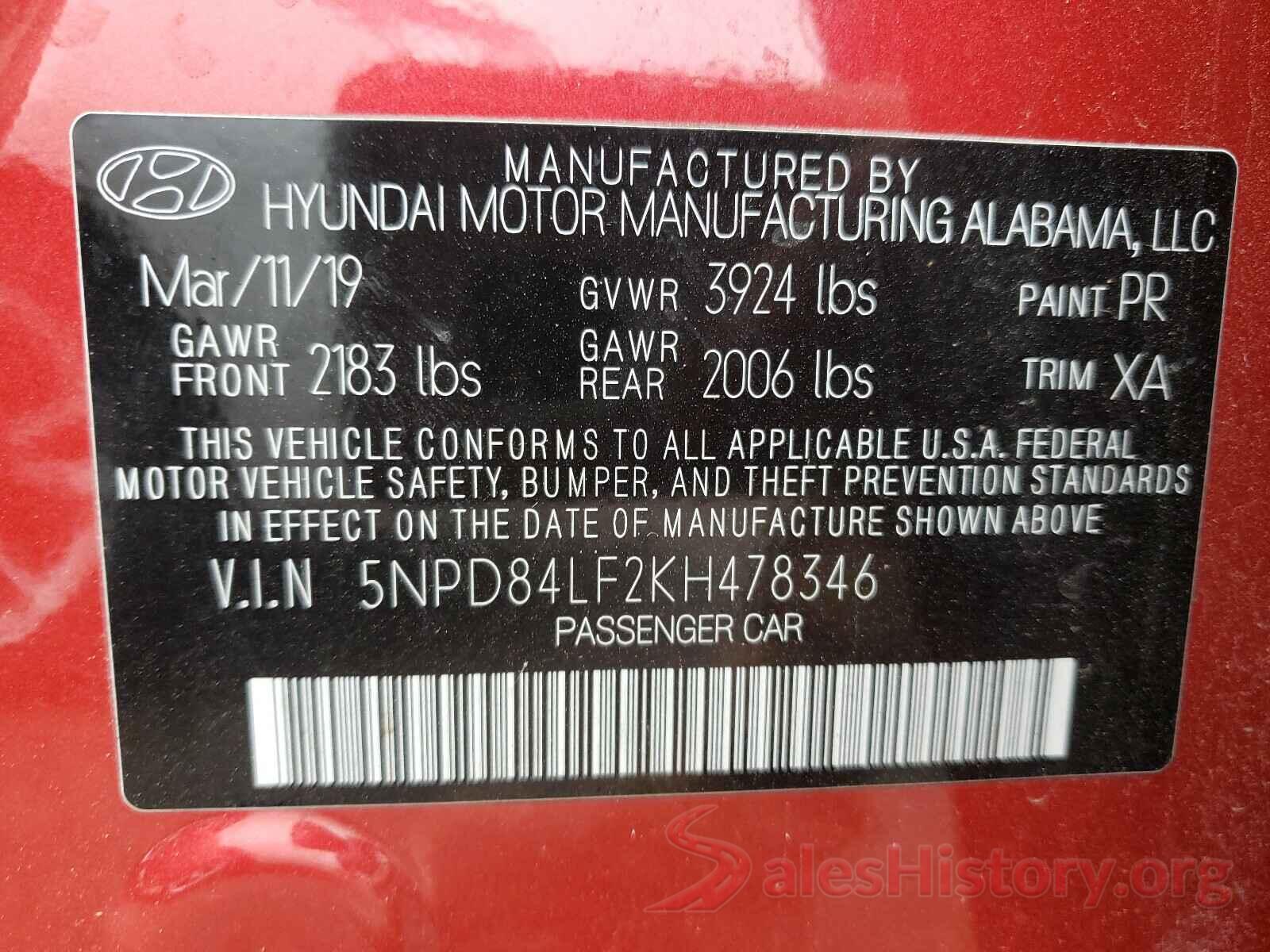 5NPD84LF2KH478346 2019 HYUNDAI ELANTRA