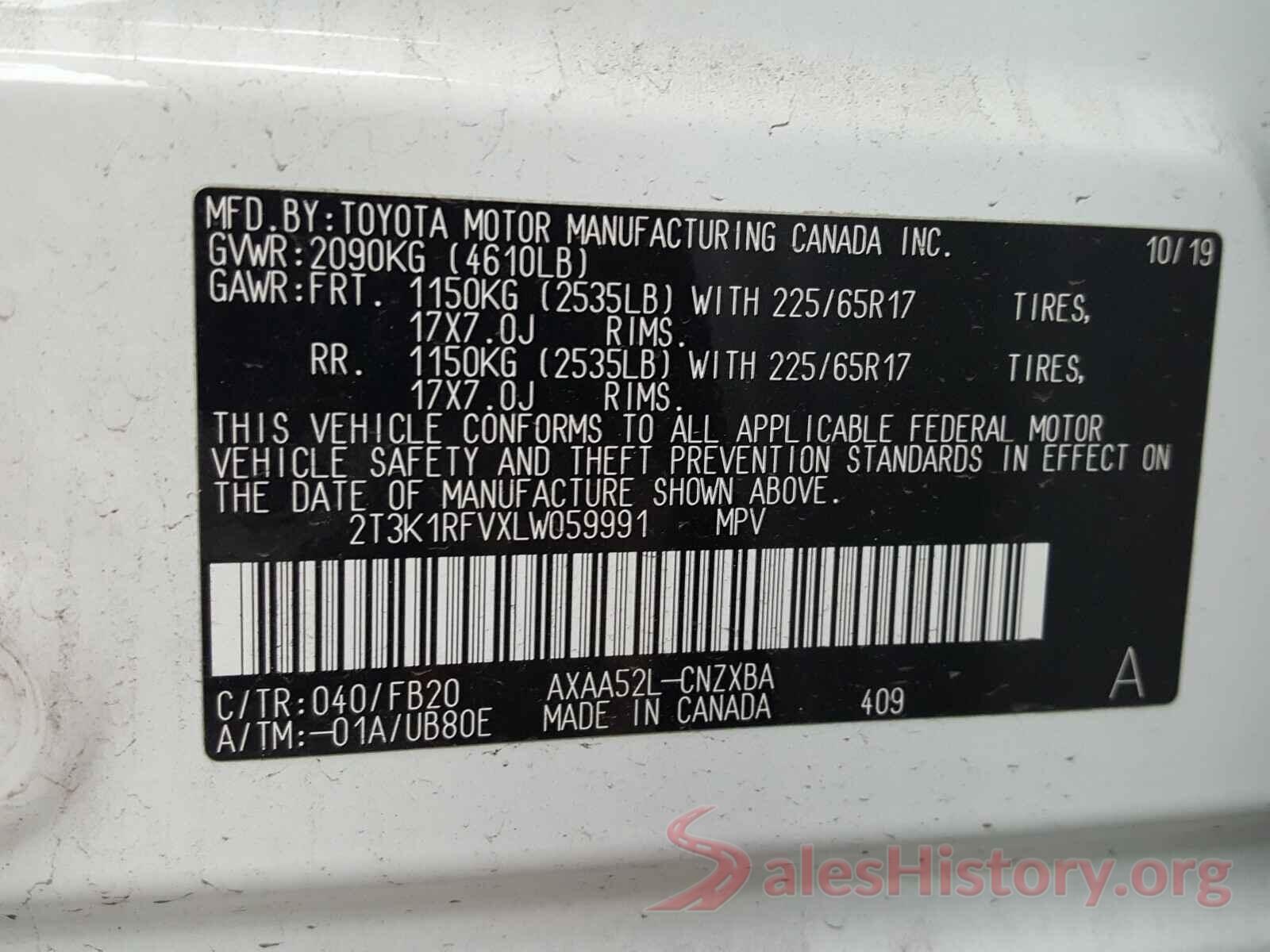 2T3K1RFVXLW059991 2020 TOYOTA RAV4