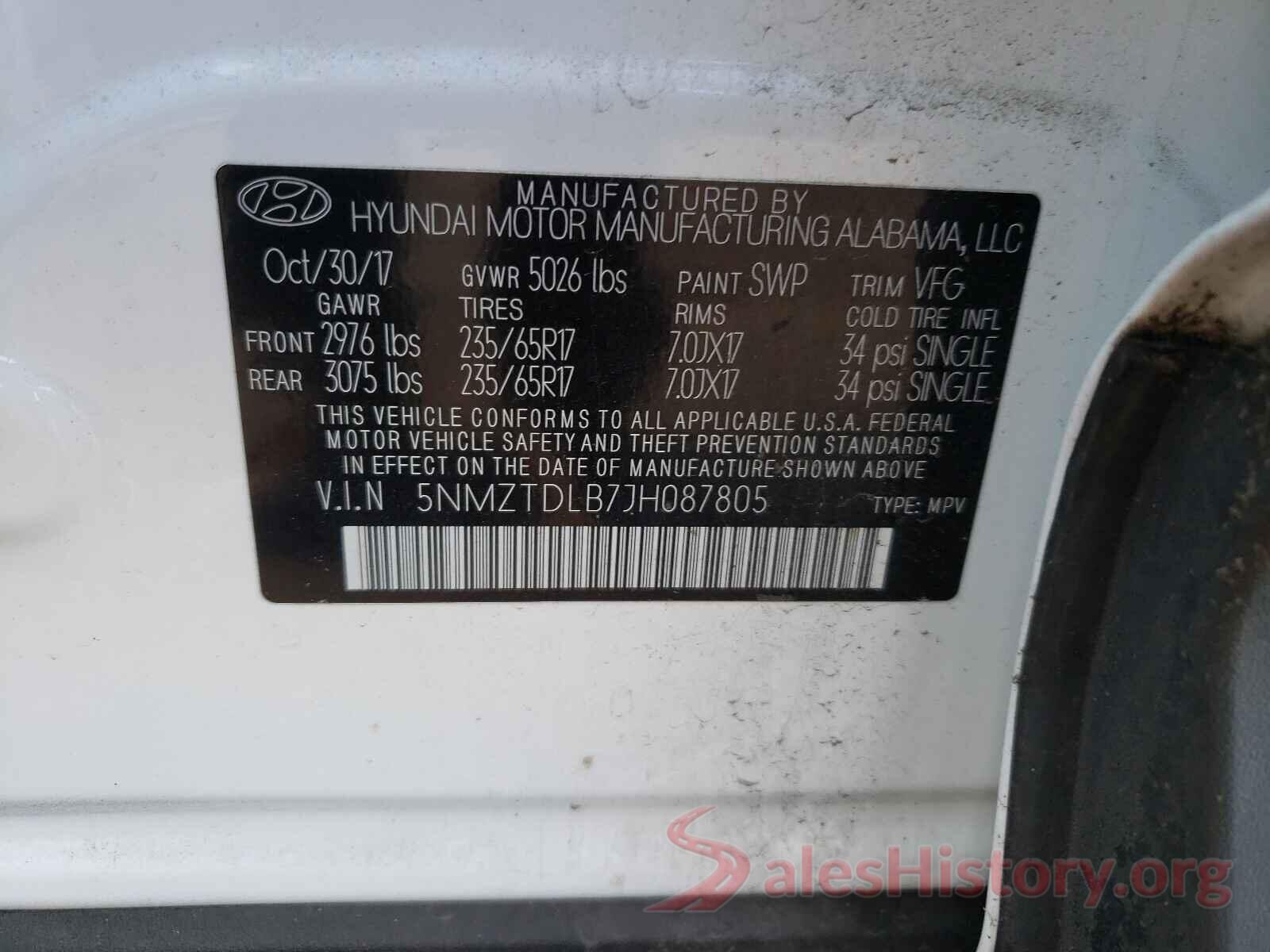 5NMZTDLB7JH087805 2018 HYUNDAI SANTA FE