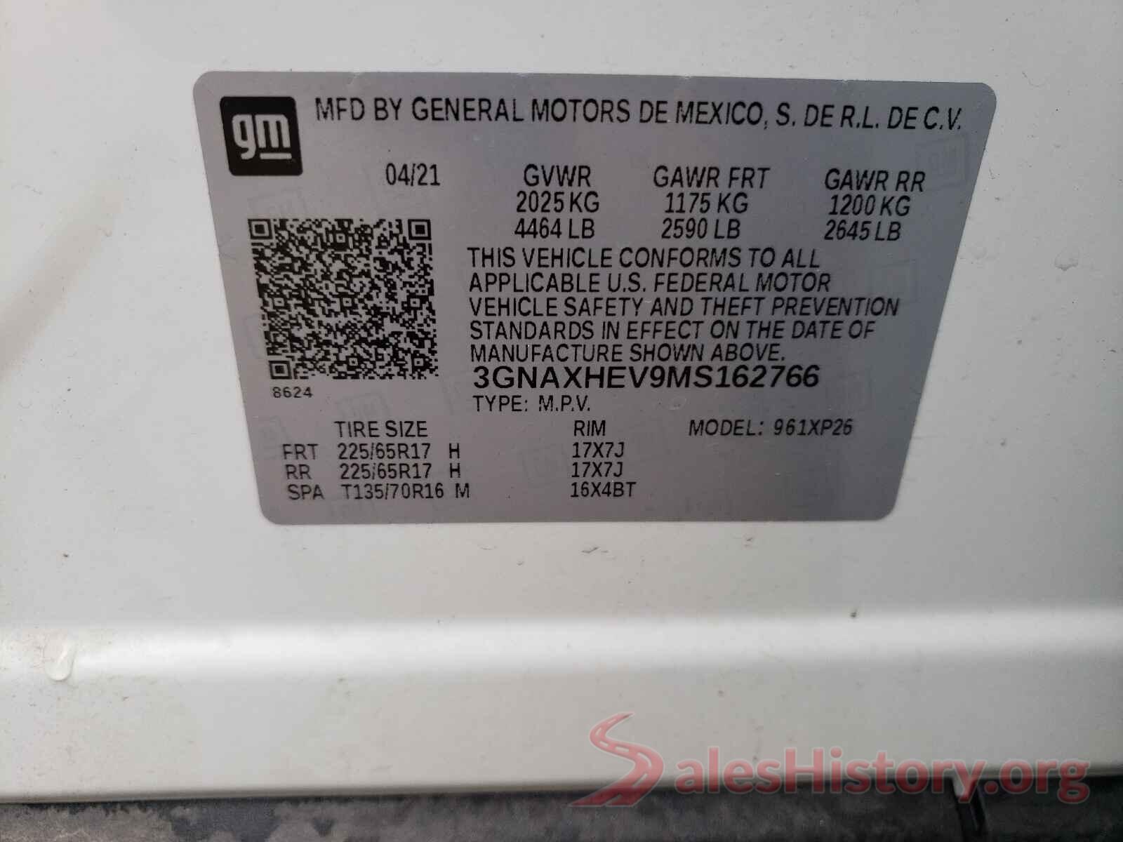 3GNAXHEV9MS162766 2021 CHEVROLET EQUINOX