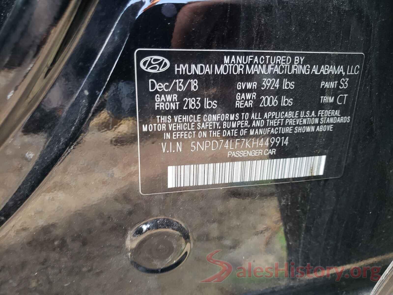 5NPD74LF7KH449914 2019 HYUNDAI ELANTRA