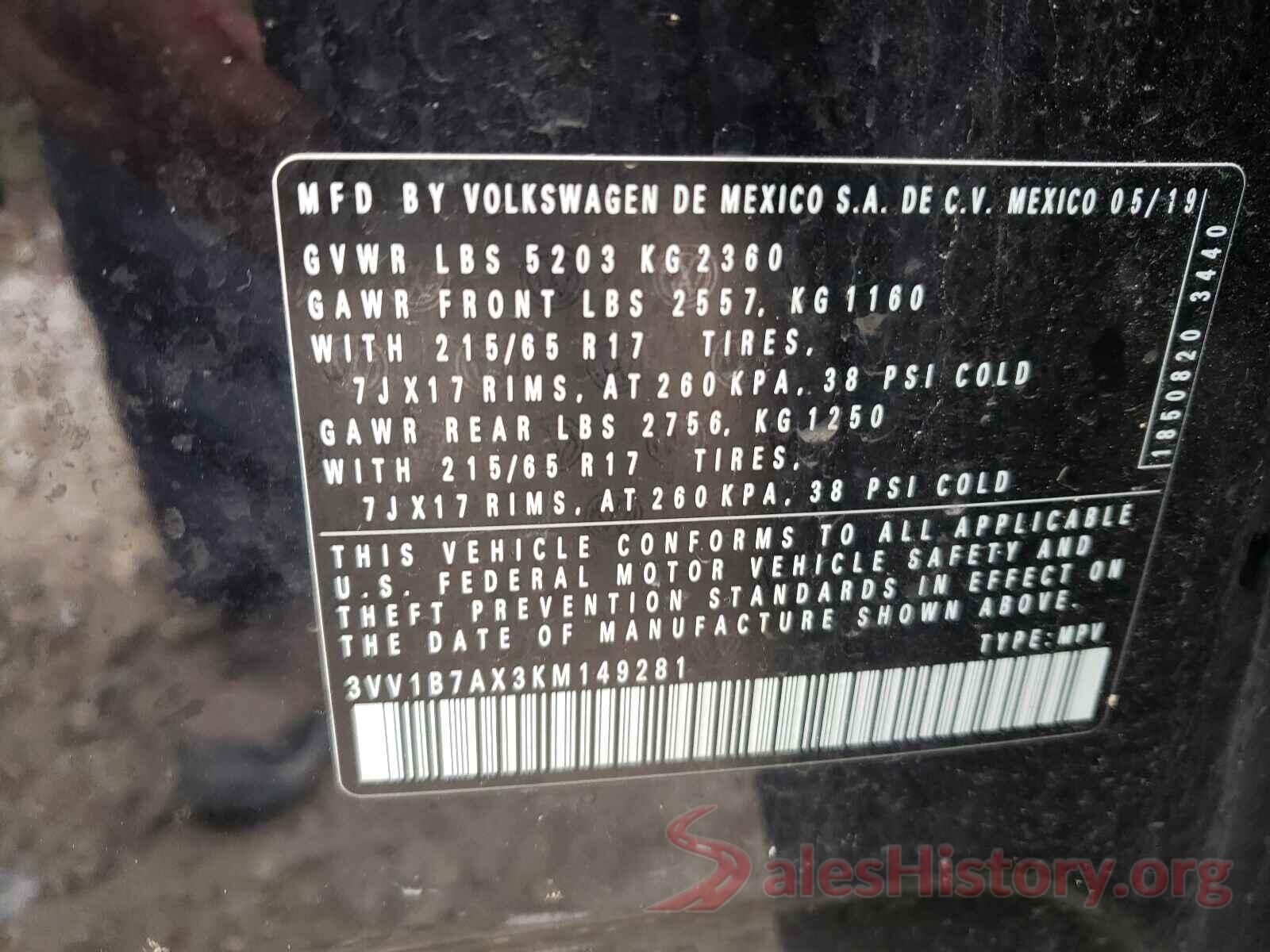 3VV1B7AX3KM149281 2019 VOLKSWAGEN TIGUAN