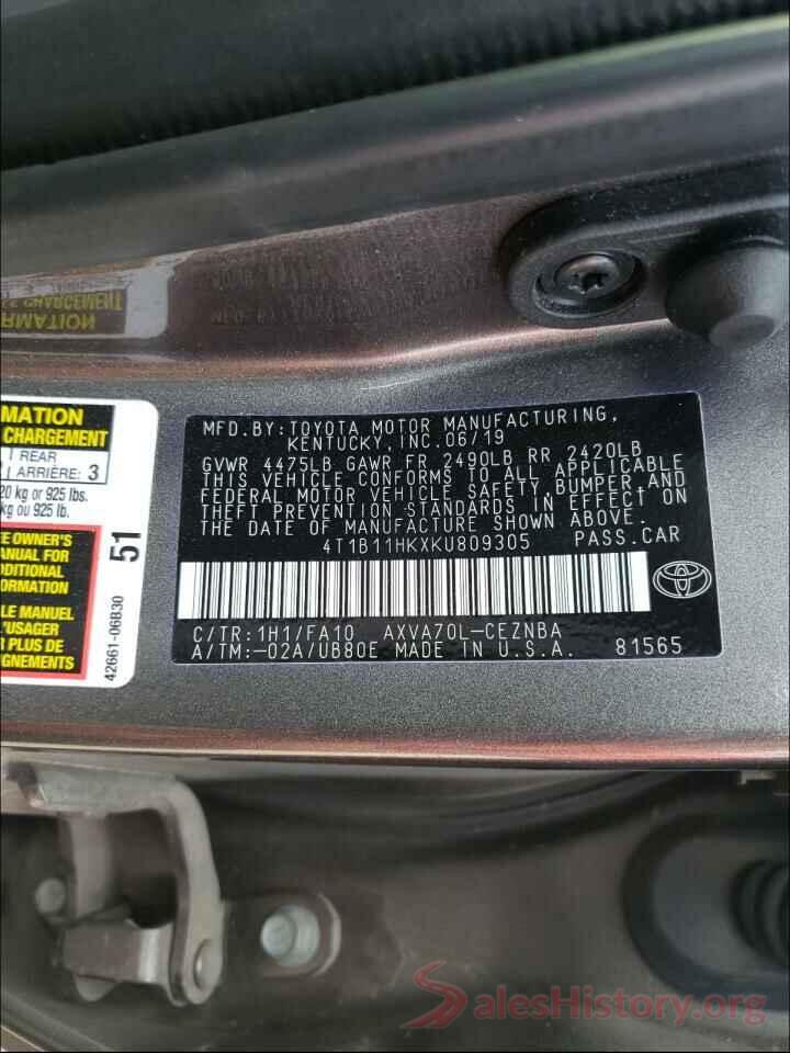 4T1B11HKXKU809305 2019 TOYOTA CAMRY