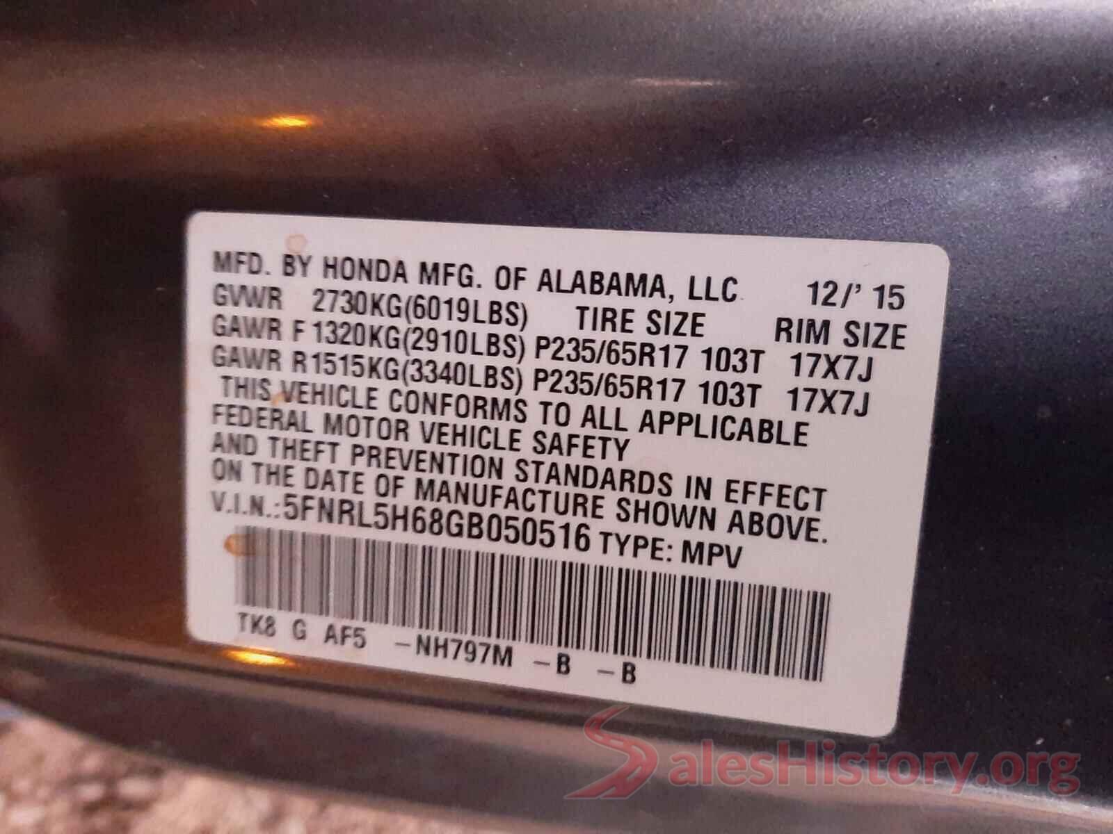 5FNRL5H68GB050516 2016 HONDA ODYSSEY