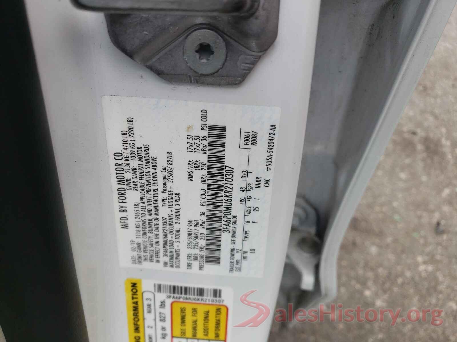 3FA6P0MU6KR210307 2019 FORD FUSION