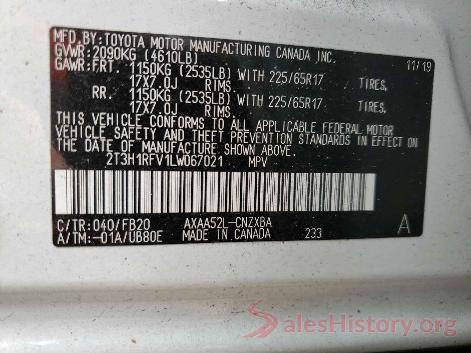 2T3H1RFV1LW067021 2020 TOYOTA RAV4