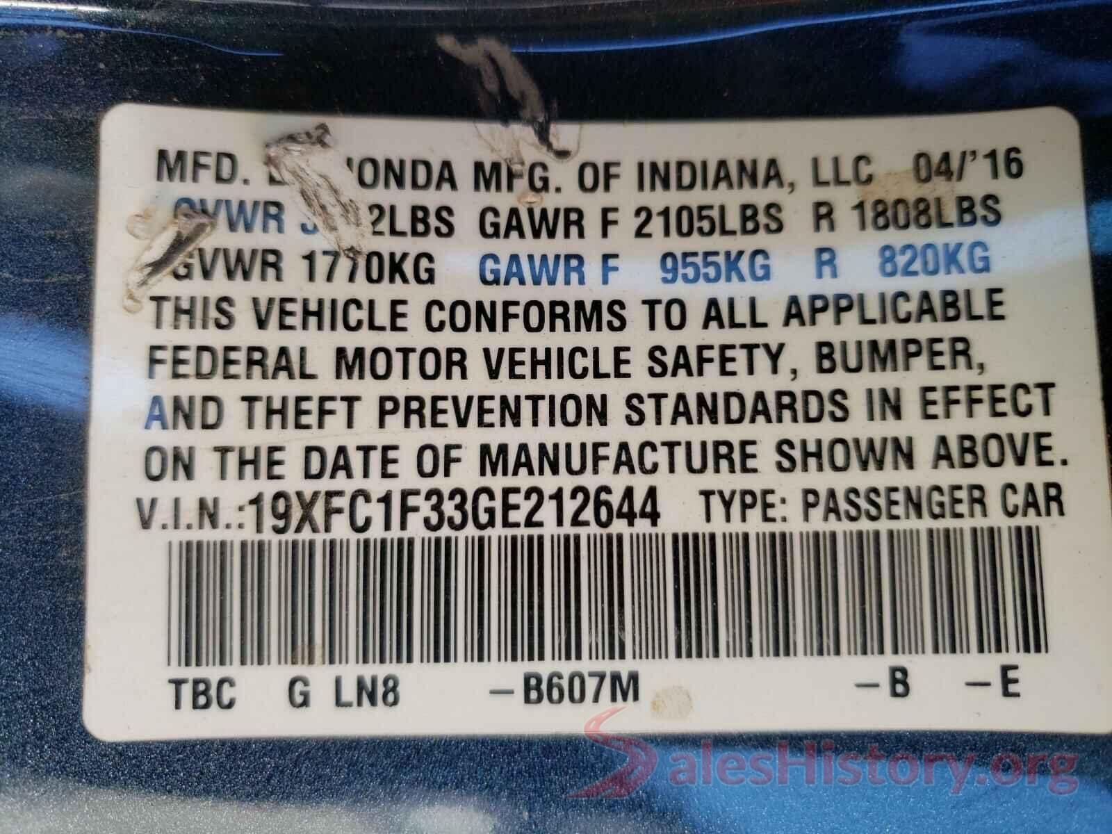 19XFC1F33GE212644 2016 HONDA CIVIC