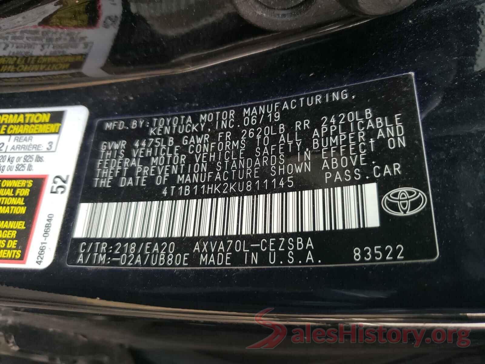 4T1B11HK2KU811145 2019 TOYOTA CAMRY