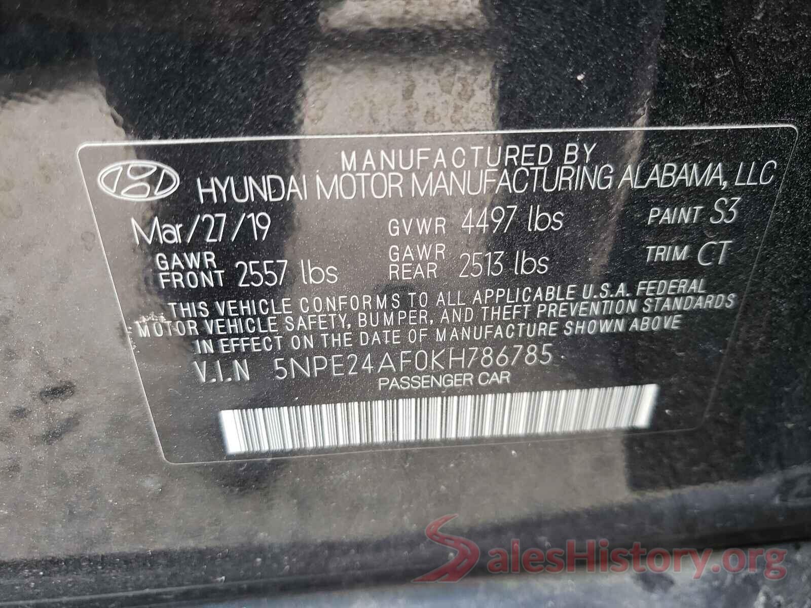 5NPE24AF0KH786785 2019 HYUNDAI SONATA