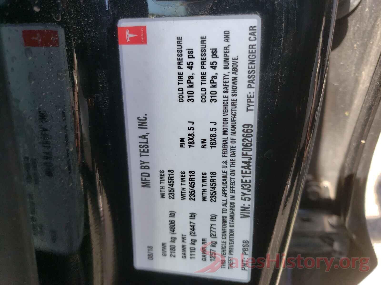 5YJ3E1EA4JF062669 2018 TESLA MODEL 3