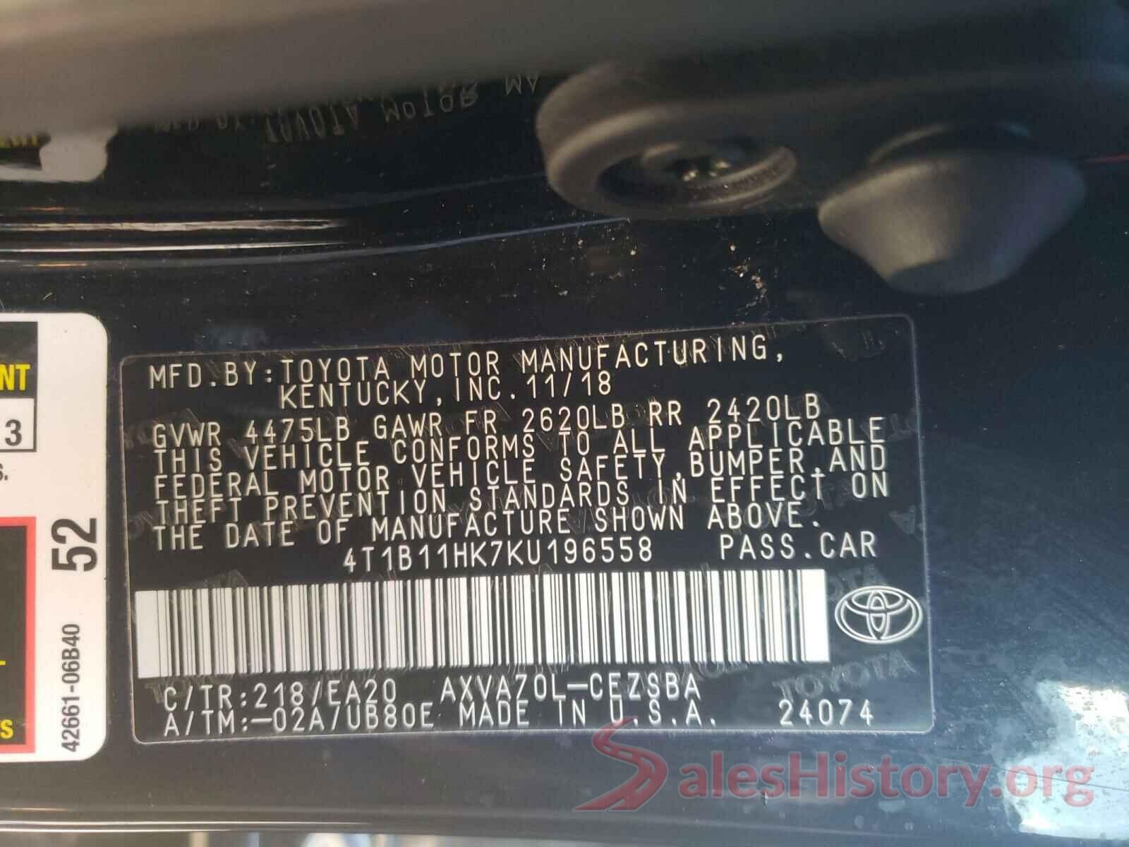 4T1B11HK7KU196558 2019 TOYOTA CAMRY