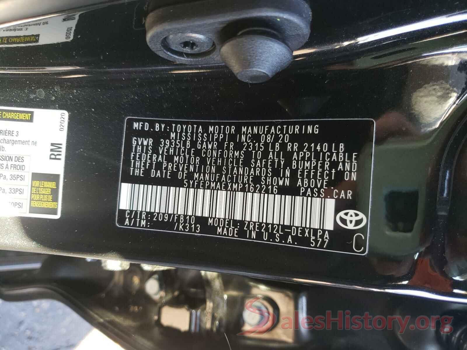 5YFEPMAEXMP162216 2021 TOYOTA COROLLA