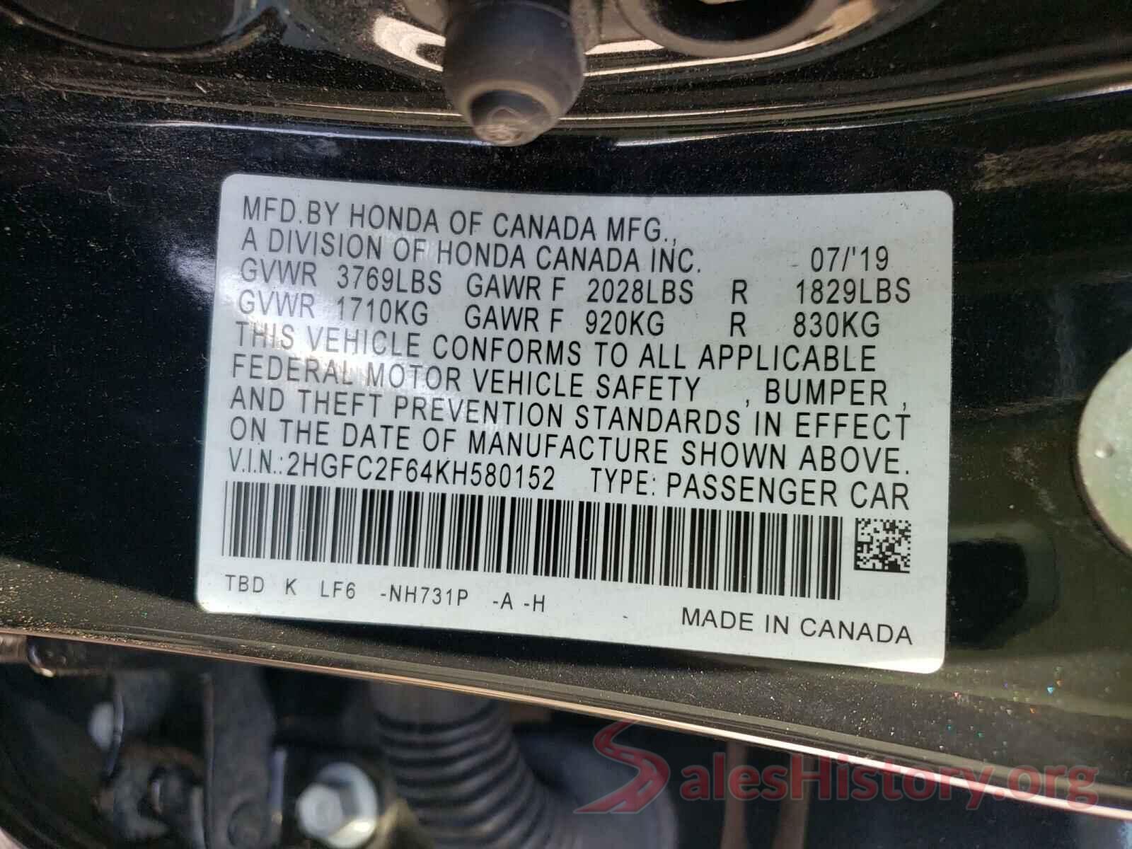 2HGFC2F64KH580152 2019 HONDA CIVIC