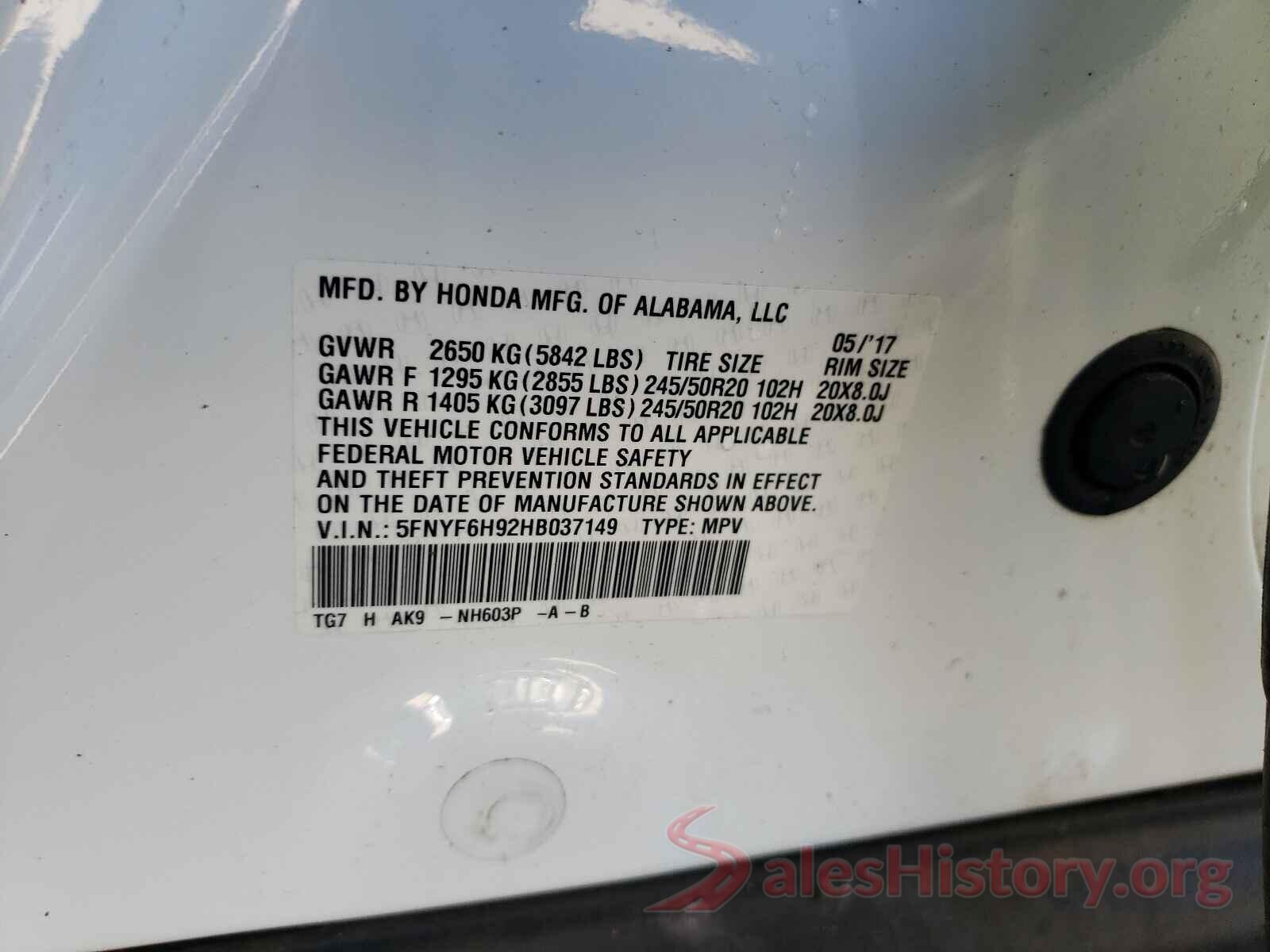 5FNYF6H92HB037149 2017 HONDA PILOT