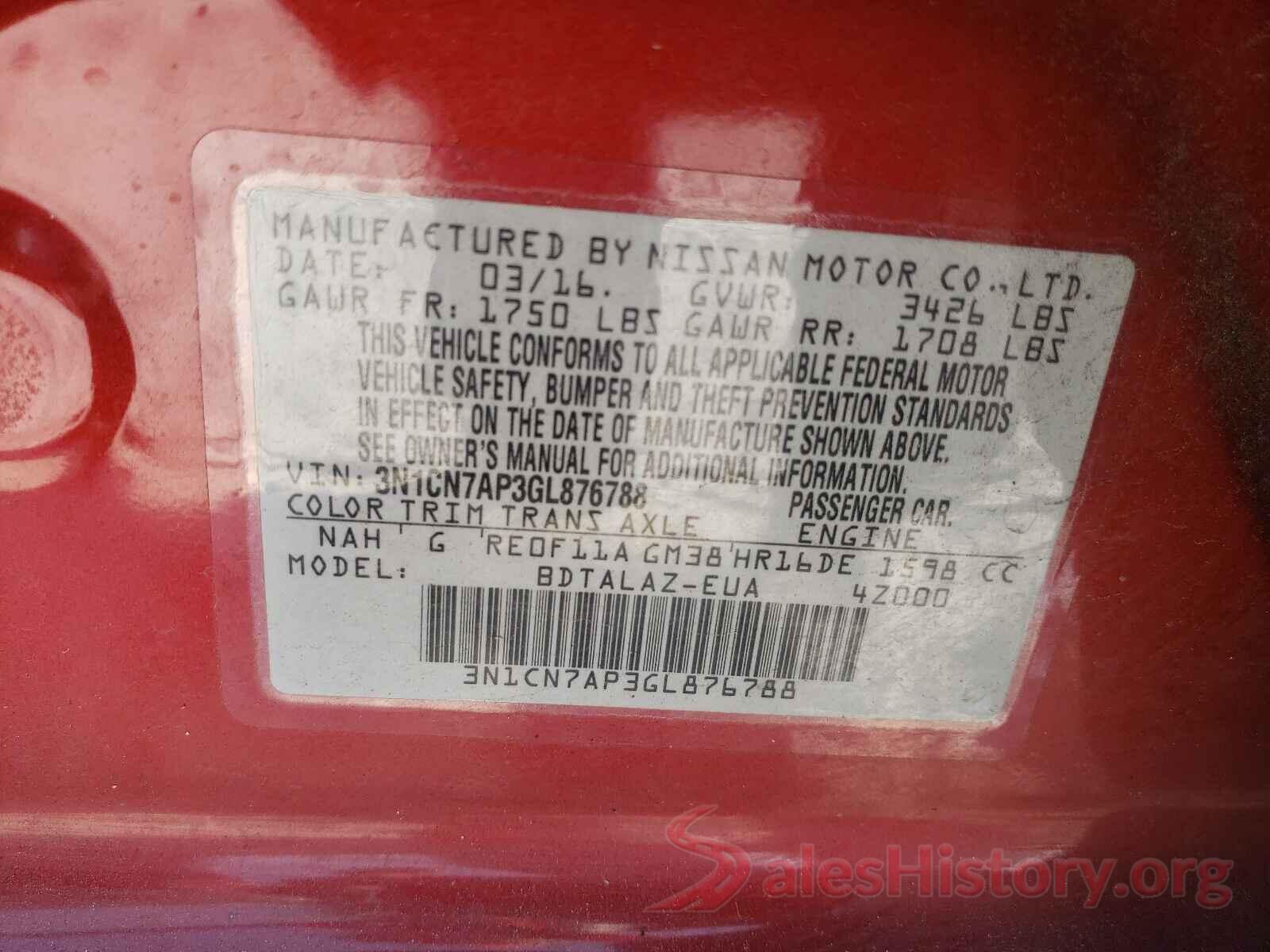 3N1CN7AP3GL876788 2016 NISSAN VERSA