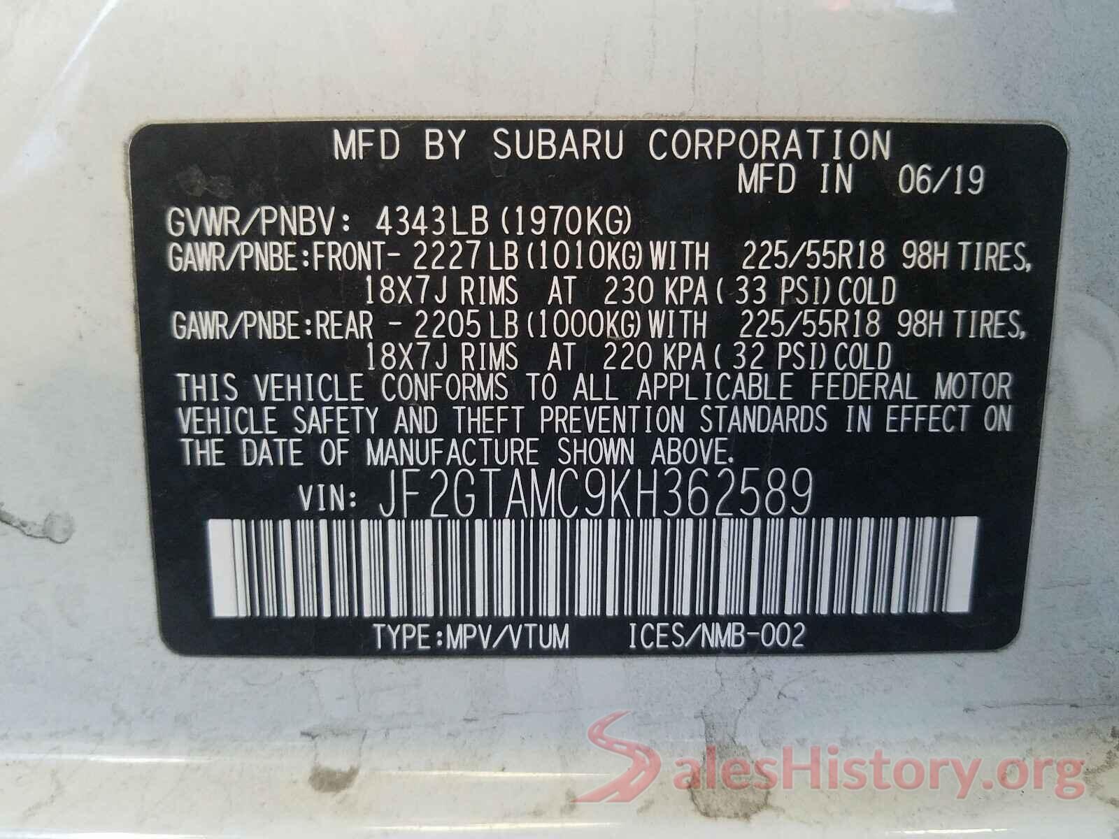 JF2GTAMC9KH362589 2019 SUBARU CROSSTREK