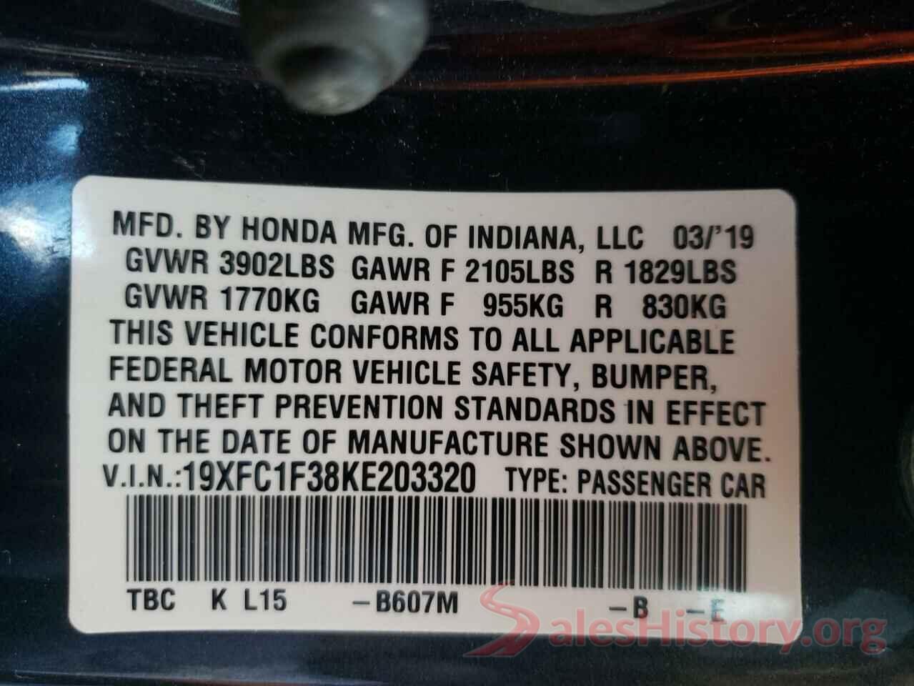 19XFC1F38KE203320 2019 HONDA CIVIC