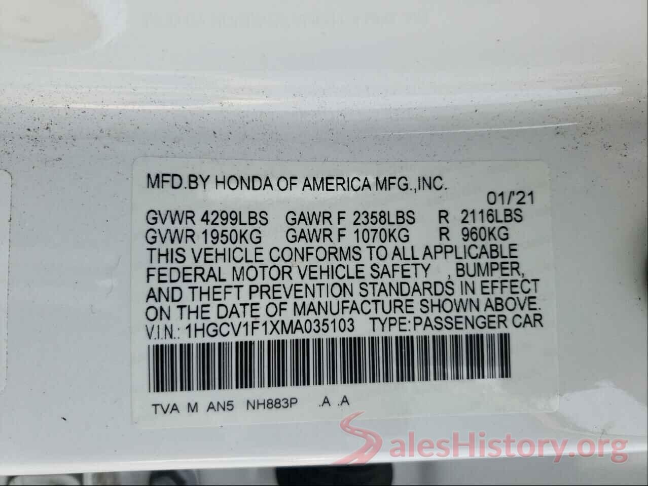 1HGCV1F1XMA035103 2021 HONDA ACCORD