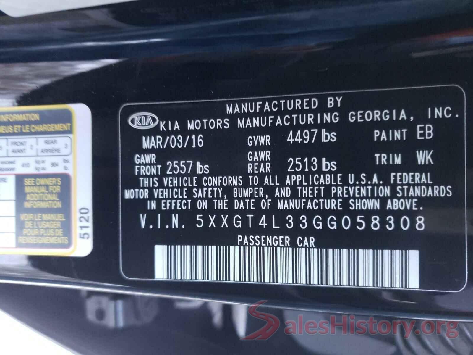 5XXGT4L33GG058308 2016 KIA OPTIMA