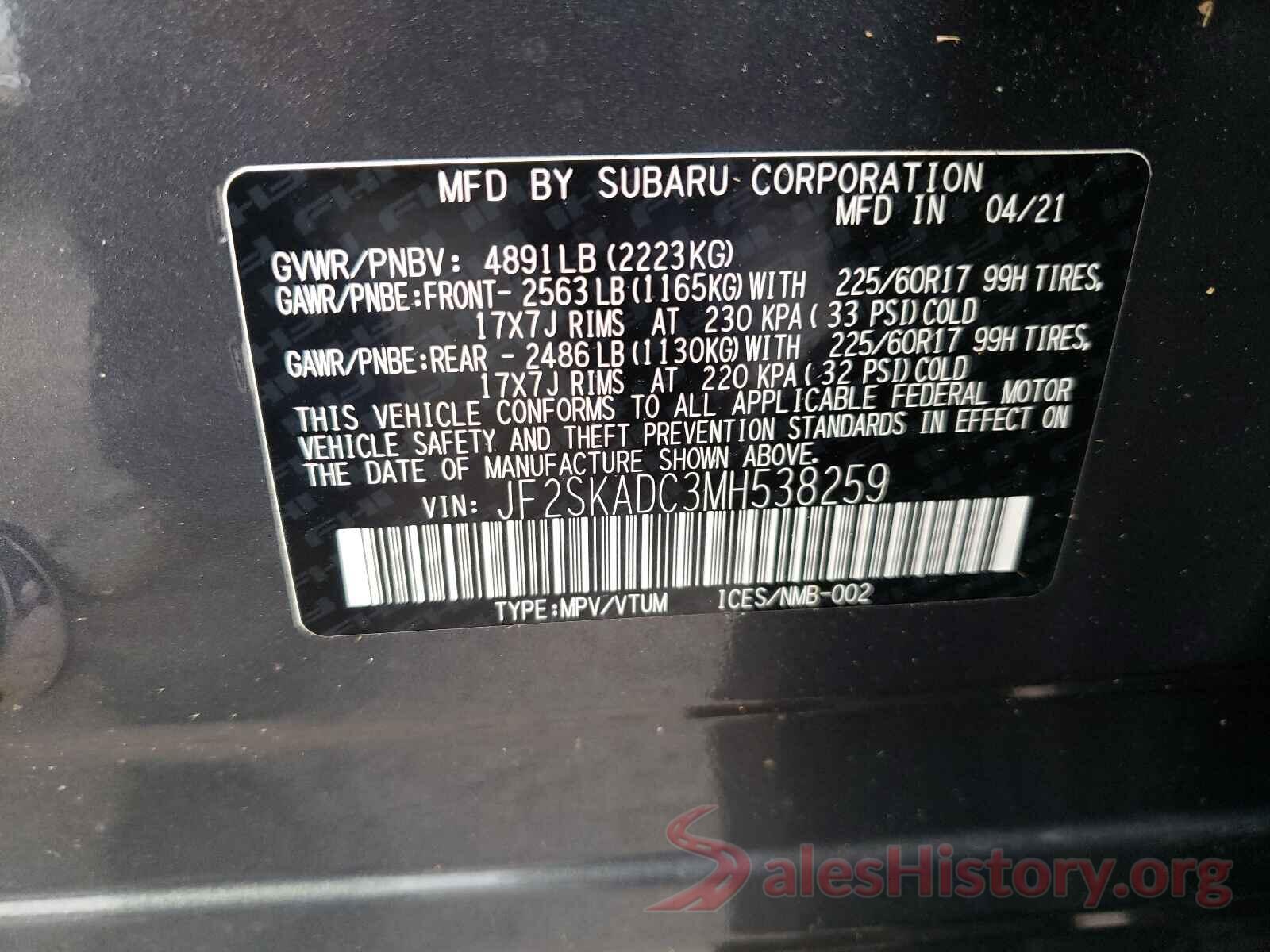 JF2SKADC3MH538259 2021 SUBARU FORESTER