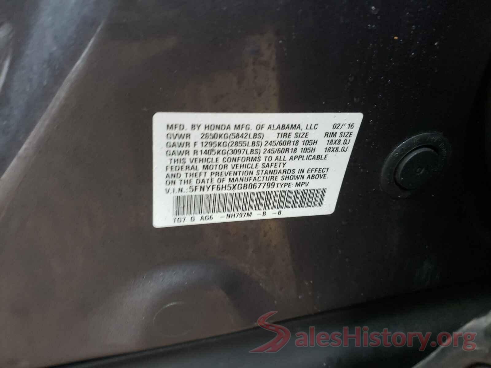 5FNYF6H5XGB067799 2016 HONDA PILOT