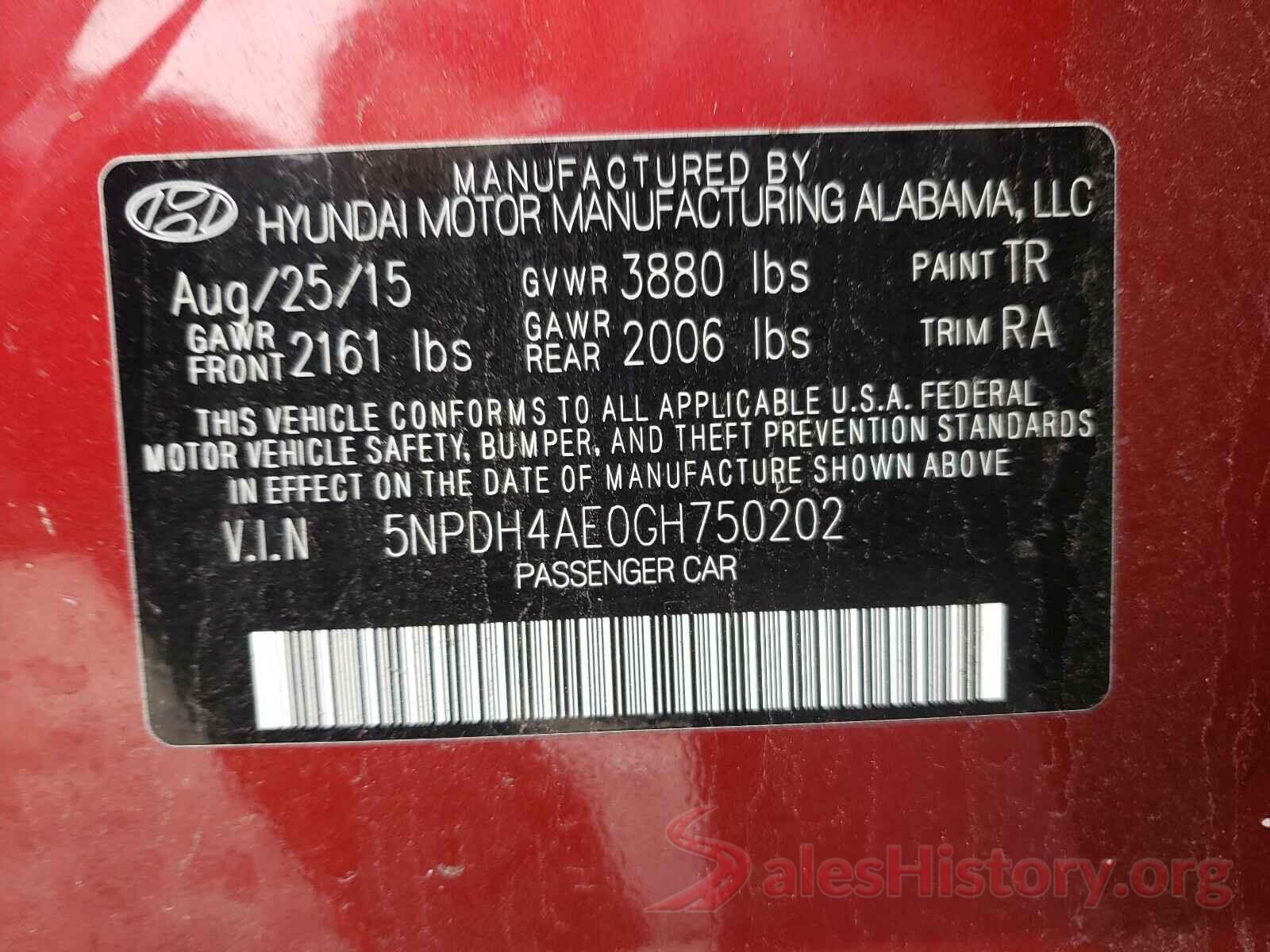 5NPDH4AE0GH750202 2016 HYUNDAI ELANTRA