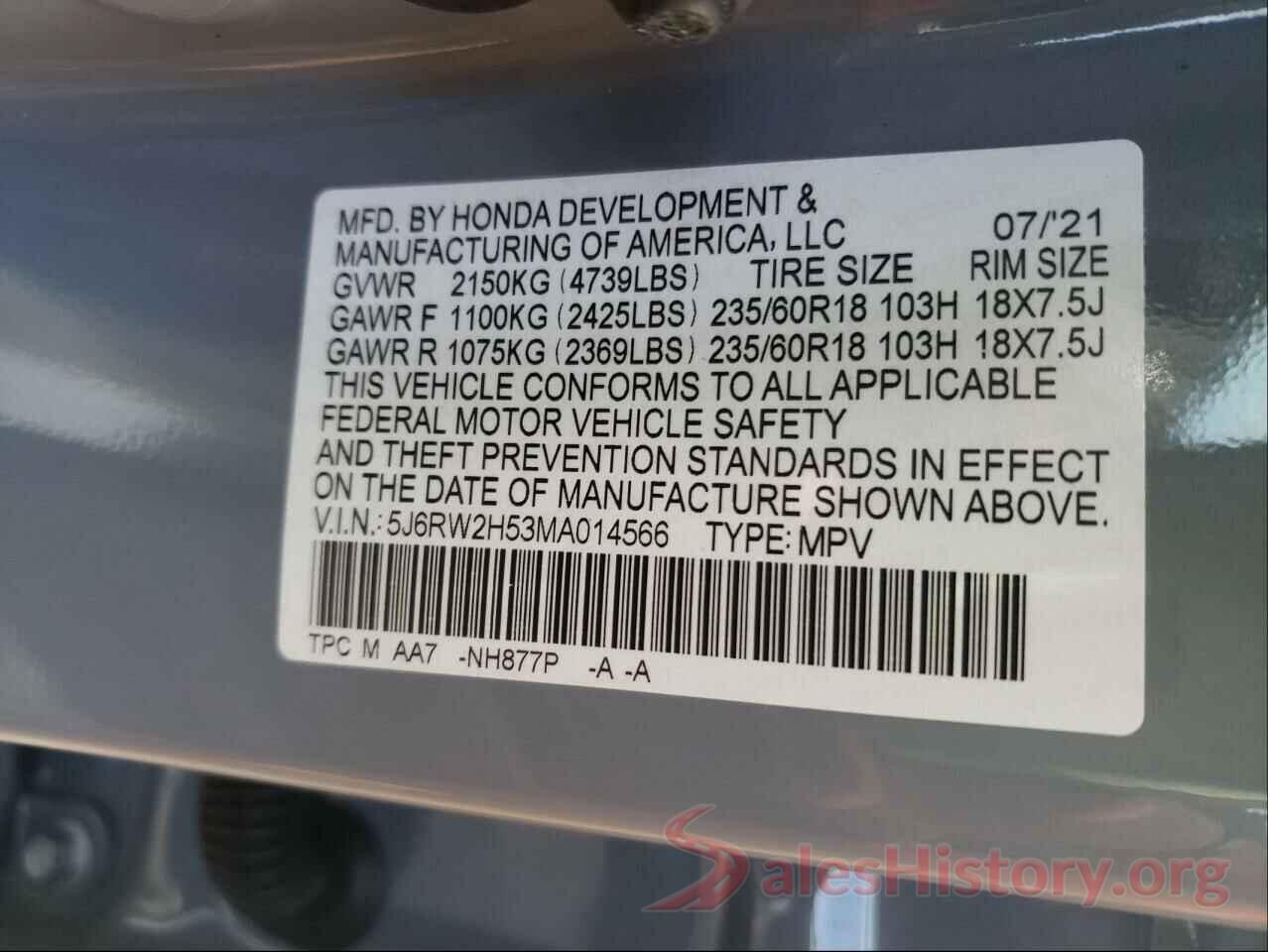 5J6RW2H53MA014566 2021 HONDA CRV