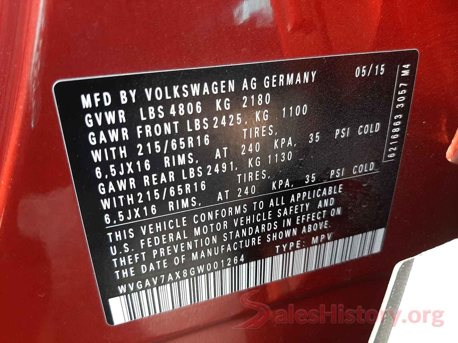 WVGAV7AX8GW001264 2016 VOLKSWAGEN TIGUAN